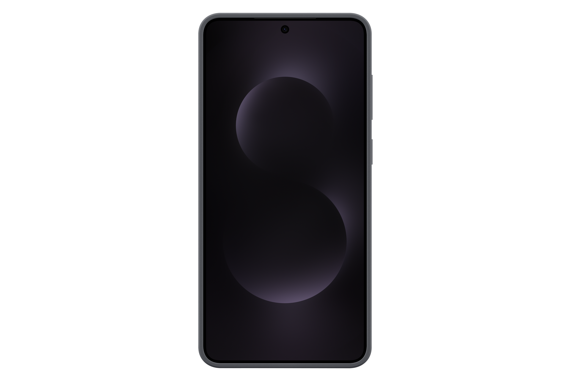 Ciemny smartfon z szarą ramką i fioletowym wzorem na ekranie.