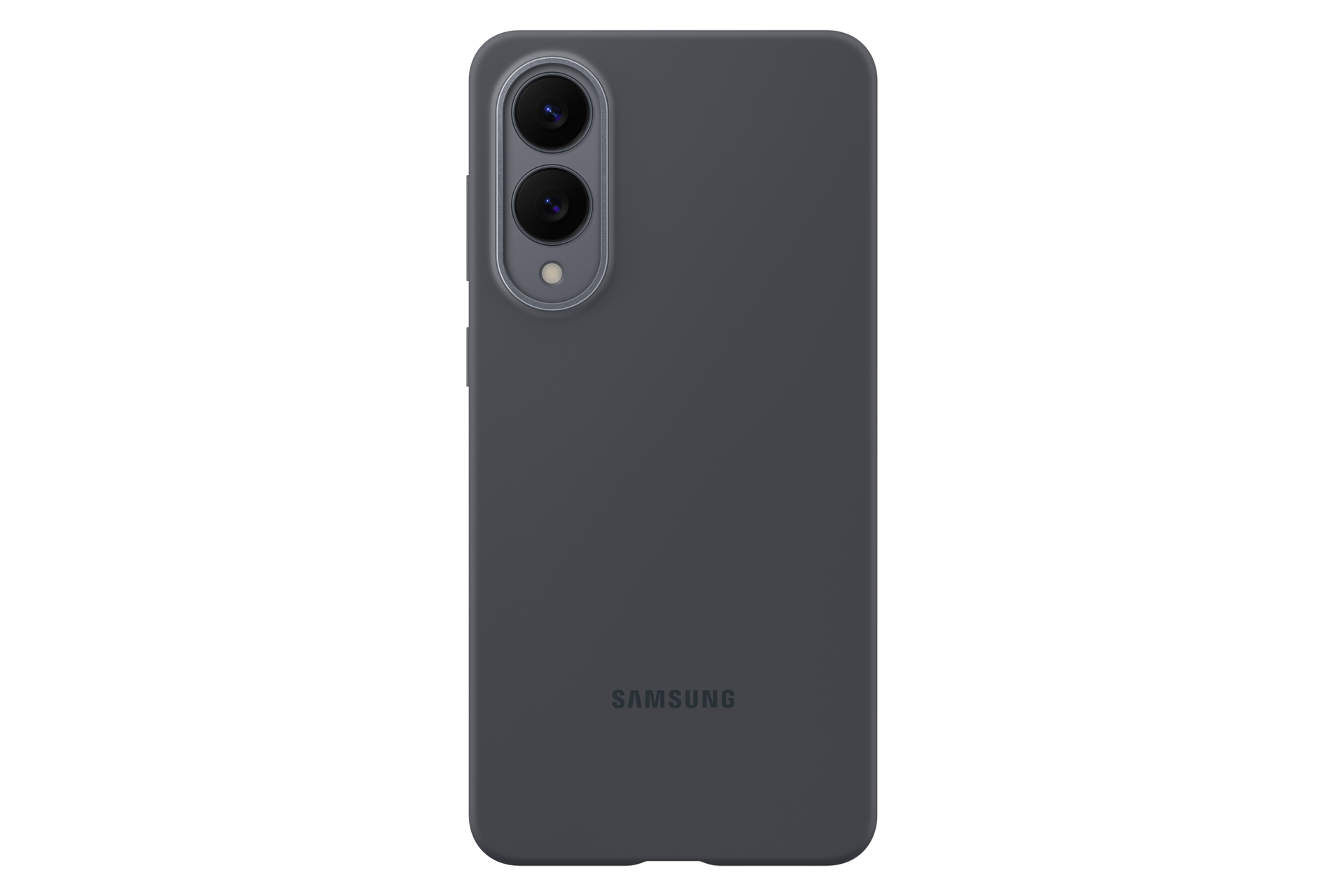 Ciemnoszare etui na telefon z aparatem i logo Samsung.