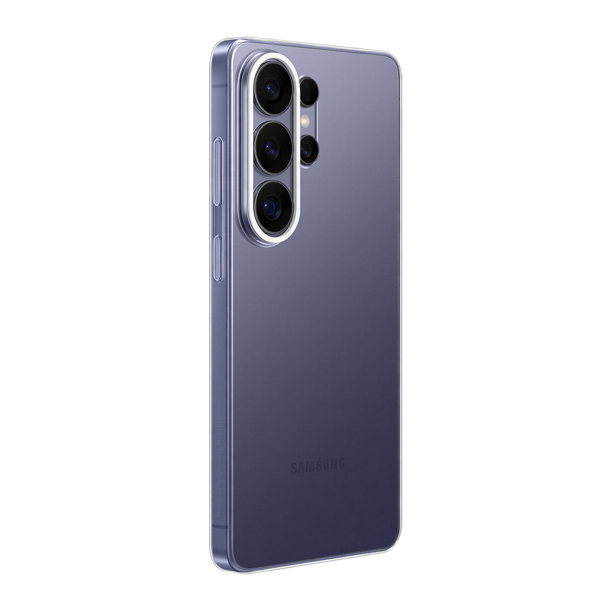 Fioletowy smartfon z trzema aparatami i logo Samsung, na białym tle.