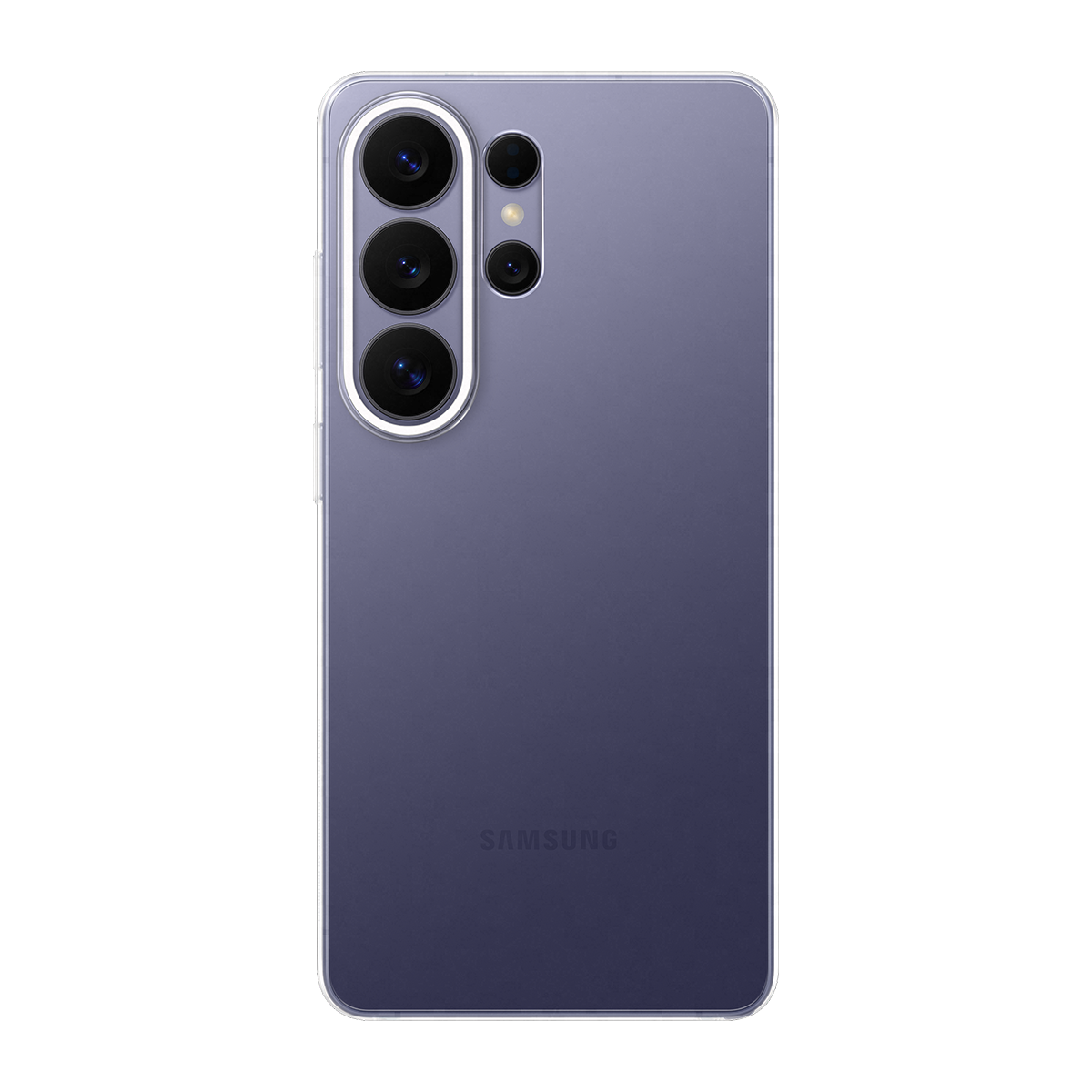 Fioletowy telefon Samsung z czterema aparatami i logo Samsung.