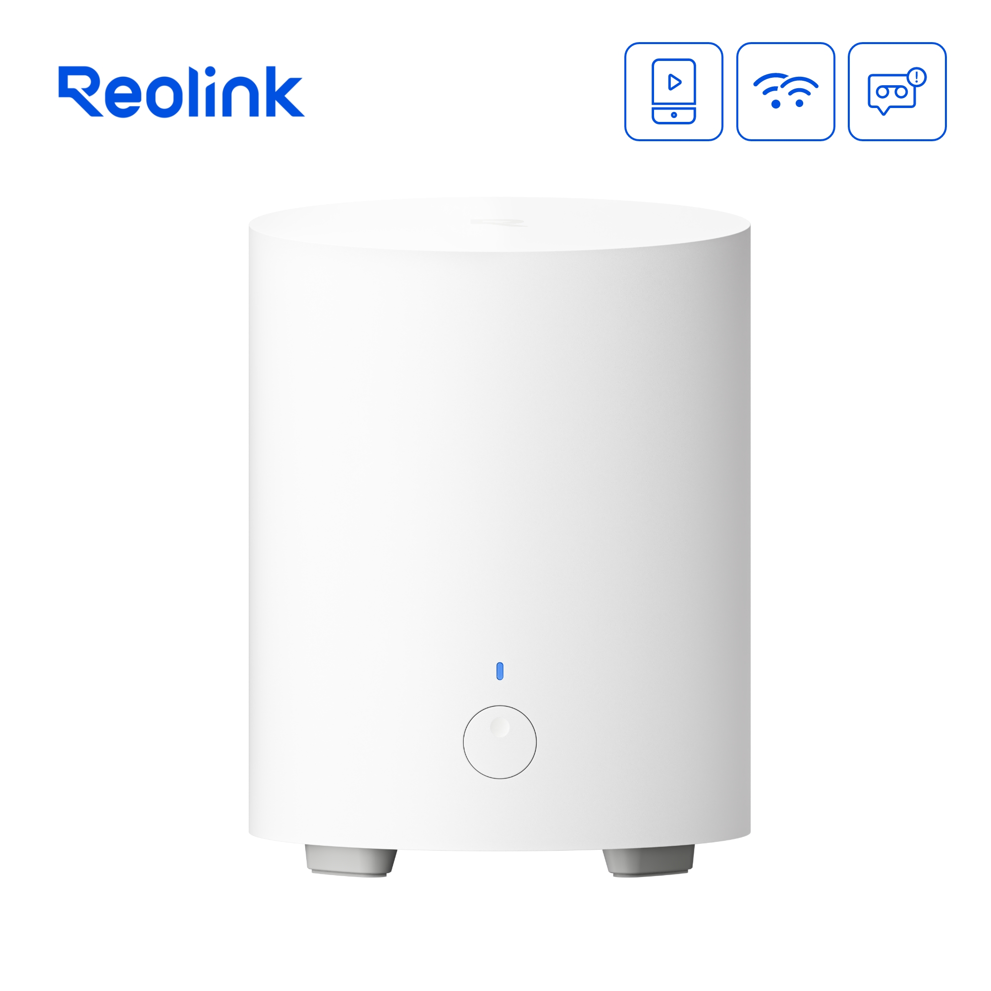 Ein weißer Reolink Hub mit einem blauen Licht und einem Kreis. Drei Icons oben.