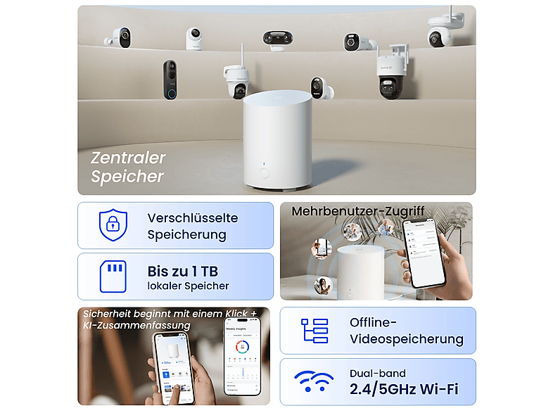 REOLINK Hub 1 Lite Sicherheitszentrale, lokaler Speicher für bis zu 8 Kameras, AES-128-Bankenverschlüsselung, KI-Zusammenfassung und Dualband-WLAN ,