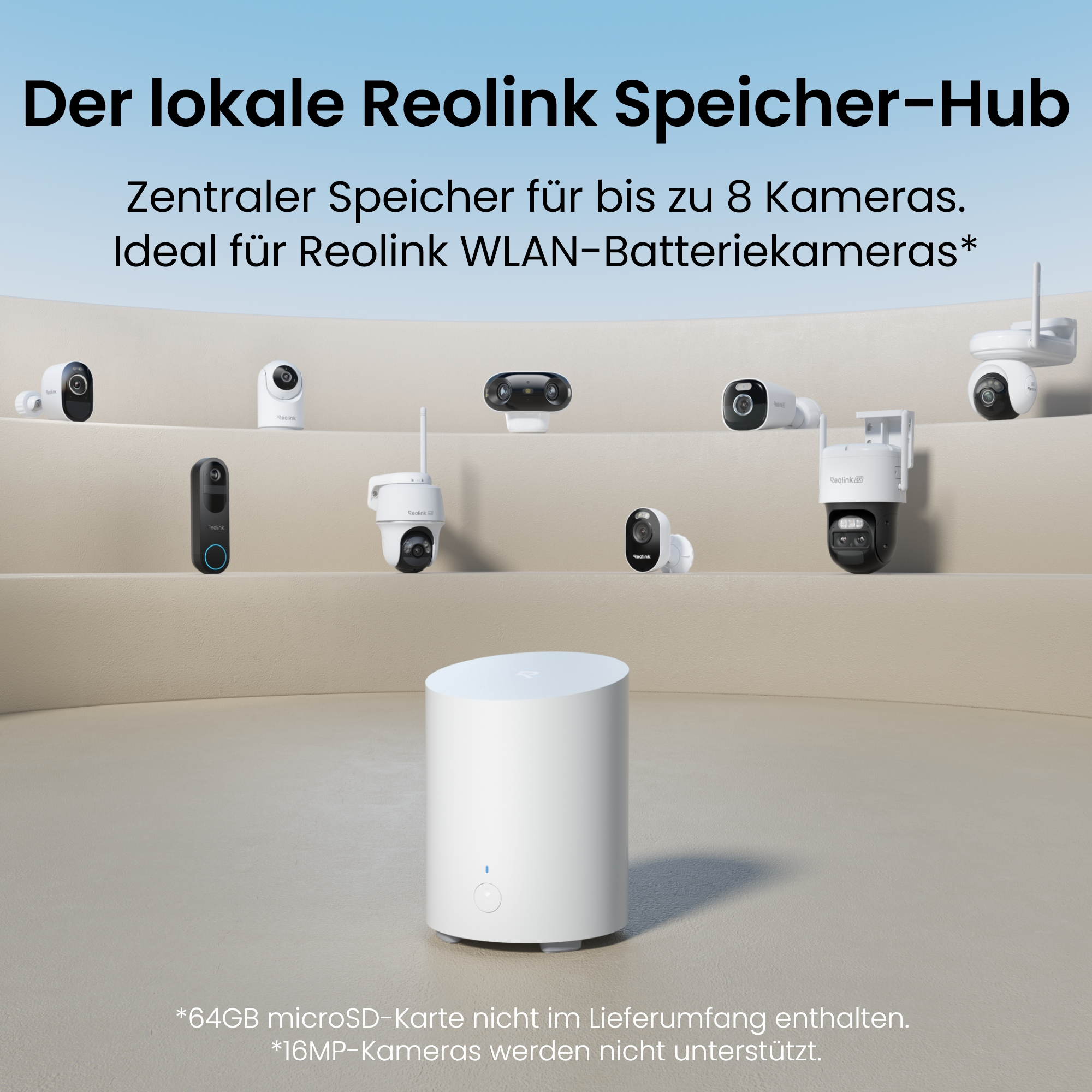 Ein weißer Reolink Hub steht vorne, umgeben von diversen Reolink Kameras.