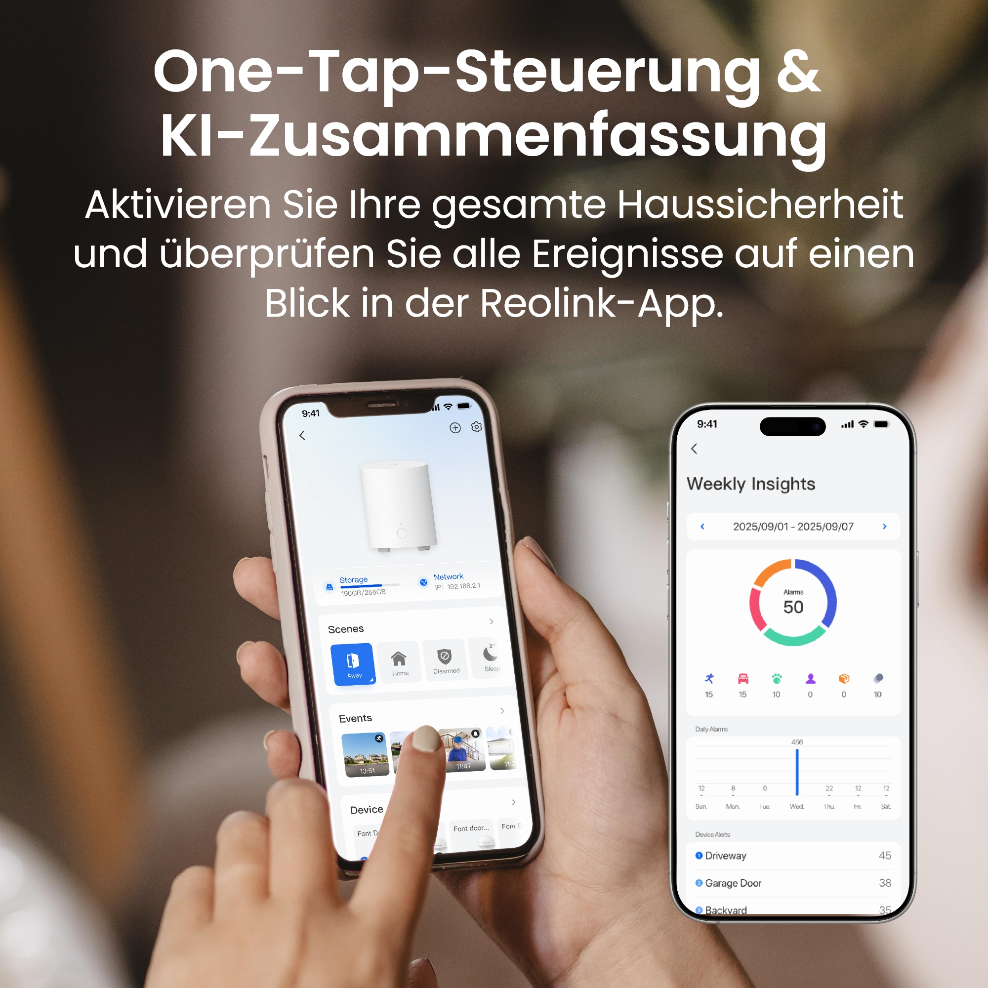 Zwei Smartphones zeigen die Reolink App mit Sicherheitsfunktionen und Statistiken.