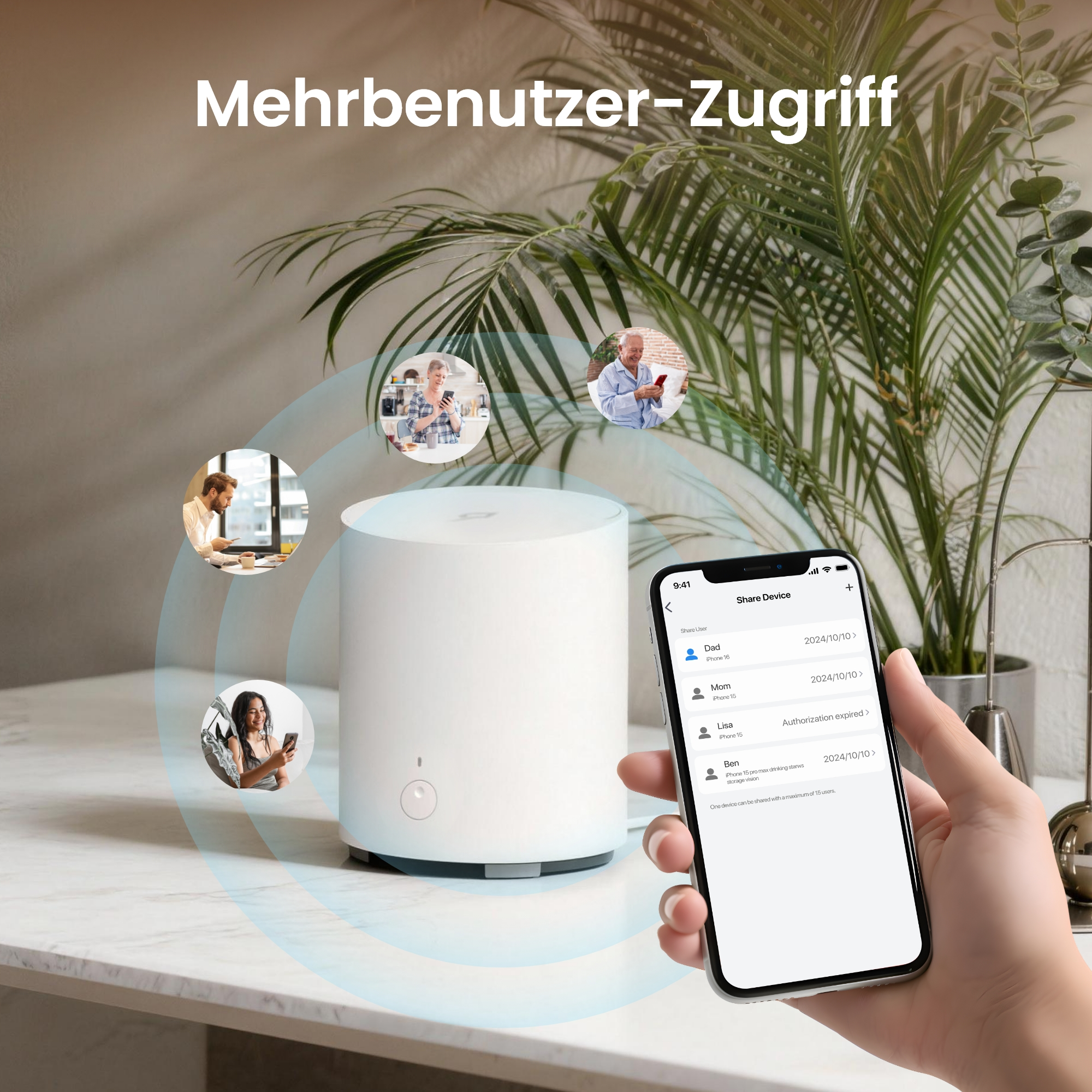 Ein Smartphone zeigt die Gerätefreigabe mit mehreren Benutzern an, daneben ein weißer Router.