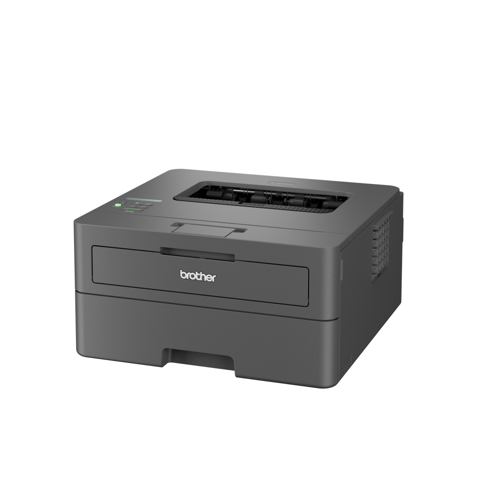 Ein grauer Brother-Laserdrucker steht auf schwarzem Hintergrund. Der Drucker hat einen Papierausgabeschacht und ein Bedienfeld.