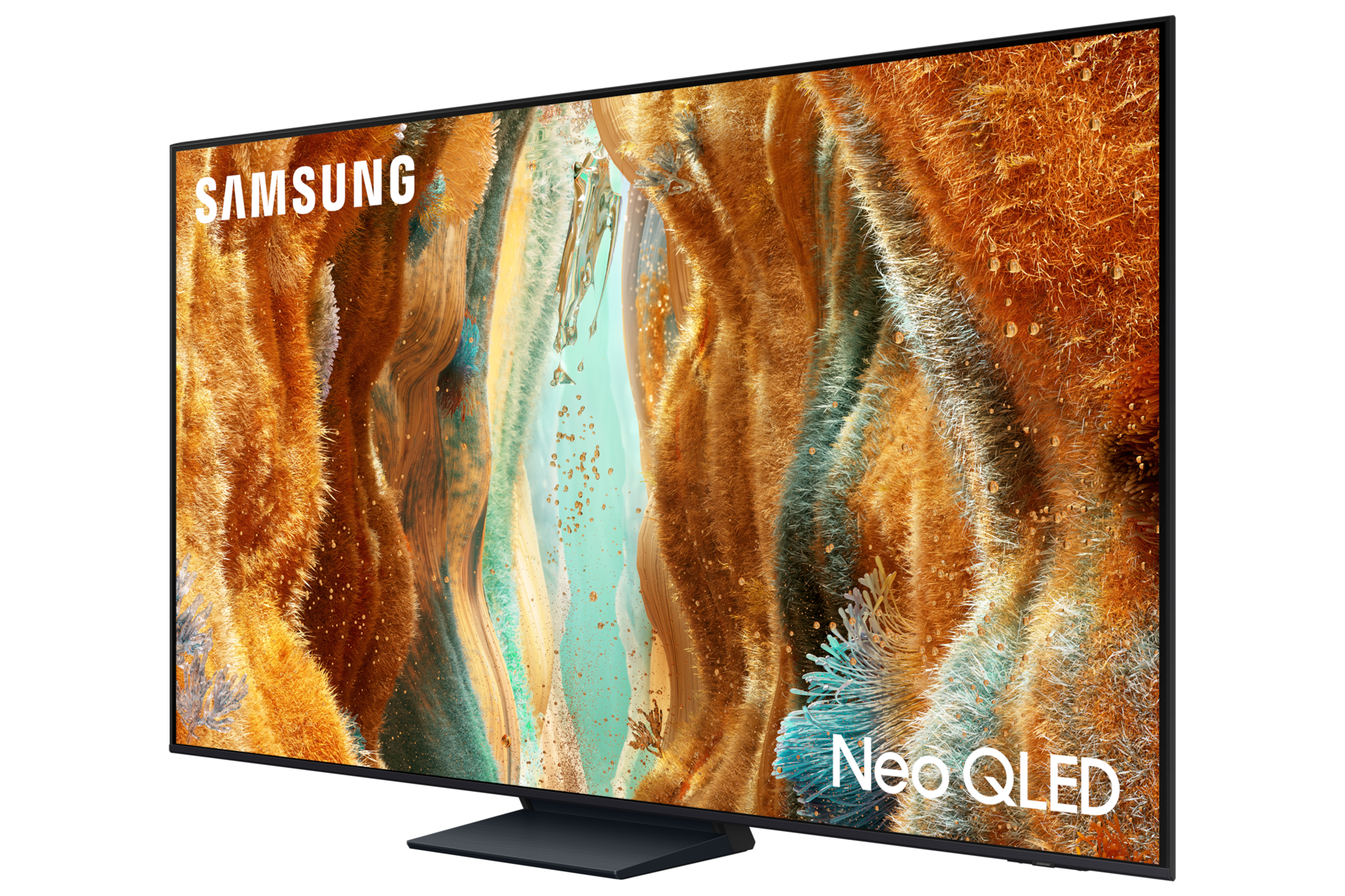 Telewizor Samsung Neo QLED wyświetlający kolorowy, abstrakcyjny obraz.