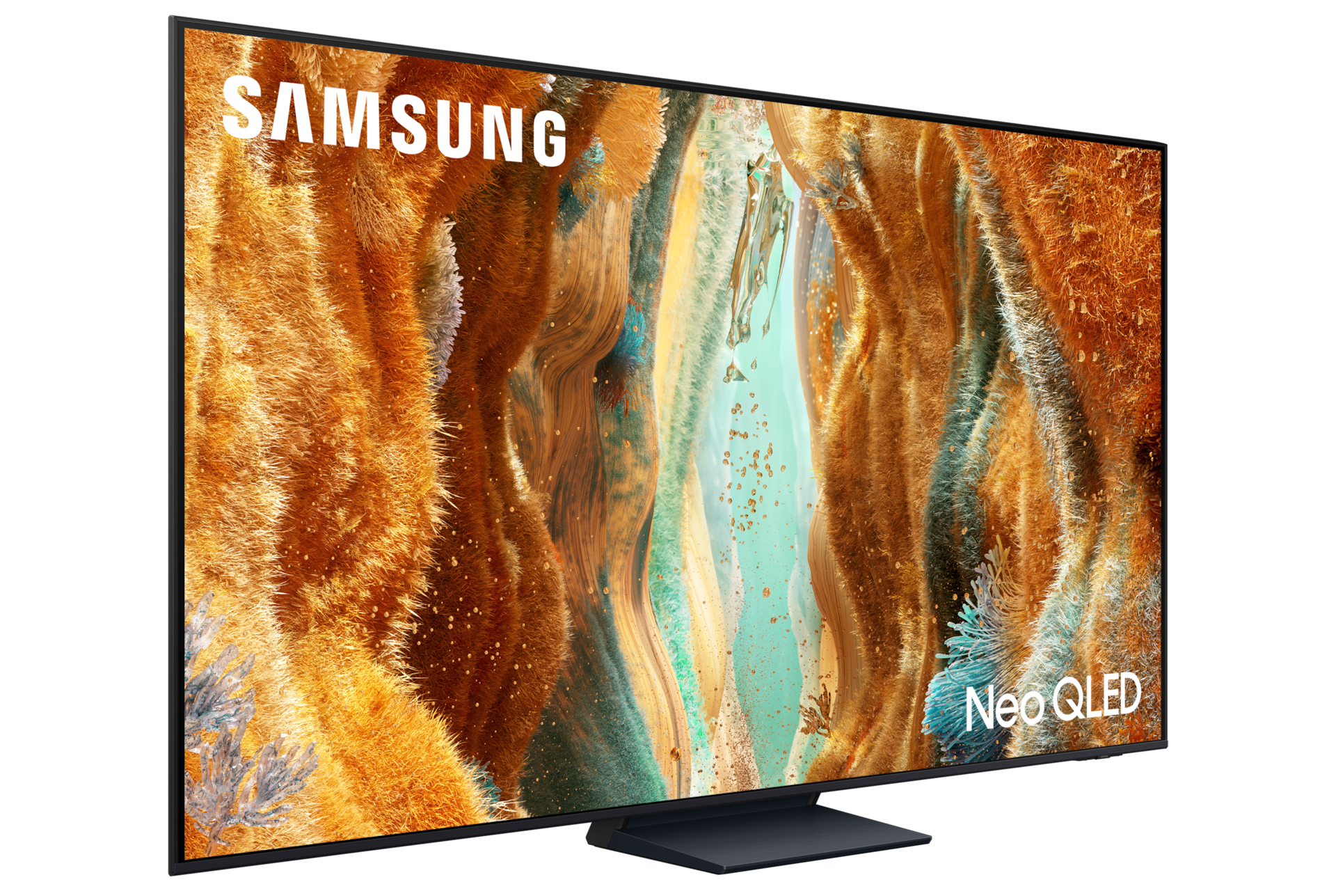 Telewizor Samsung Neo QLED wyświetlający abstrakcyjną sztukę w kolorach pomarańczowym i turkusowym.