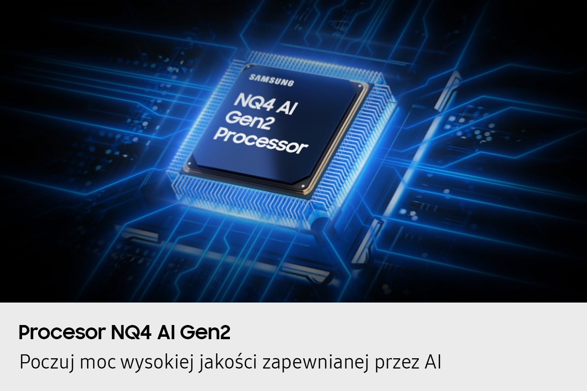 Procesor Samsung NQ4 AI Gen2 z niebieskimi obwodami. Zblizenie.