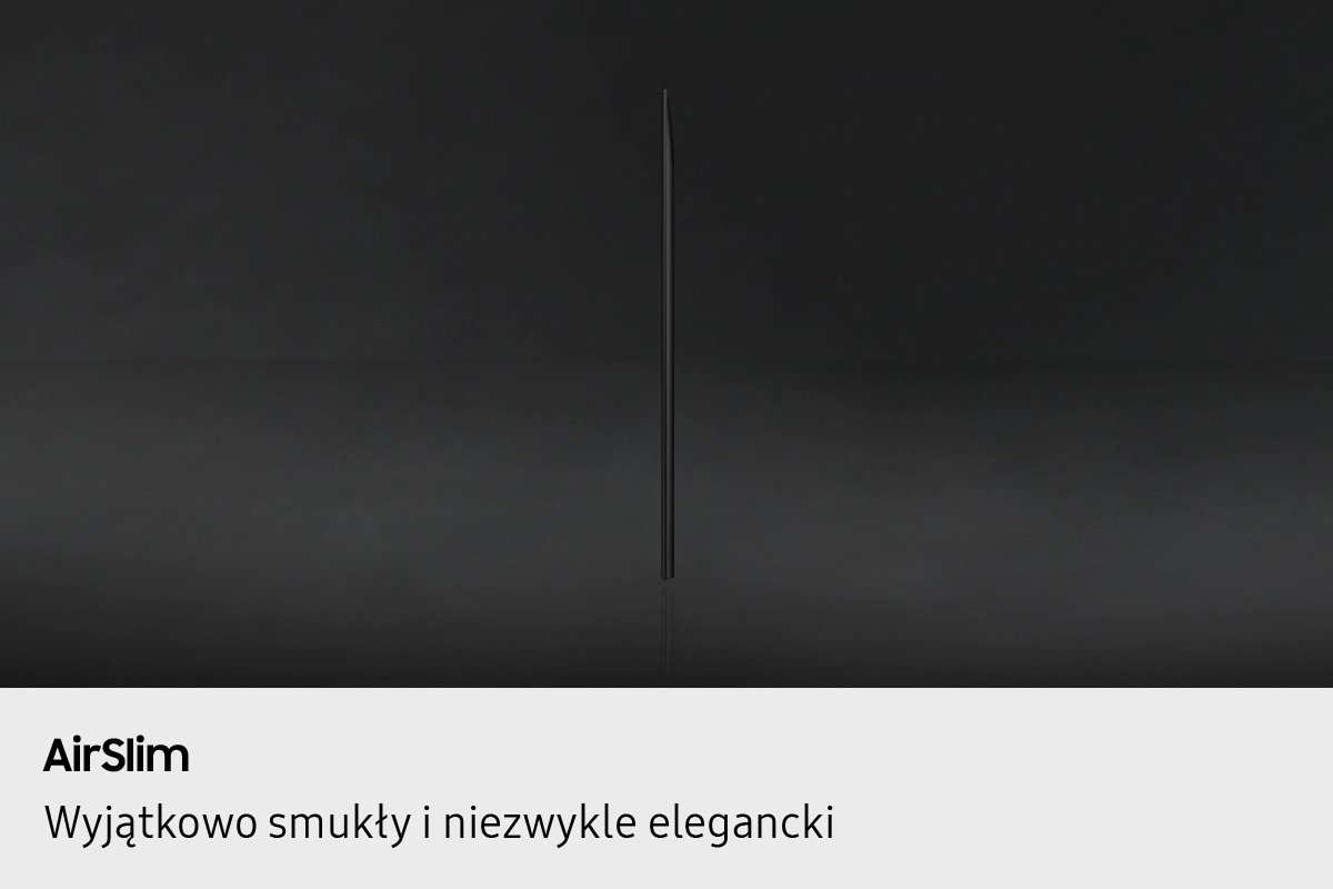 Niezwykle smukły, czarny telewizor na ciemnym tle.