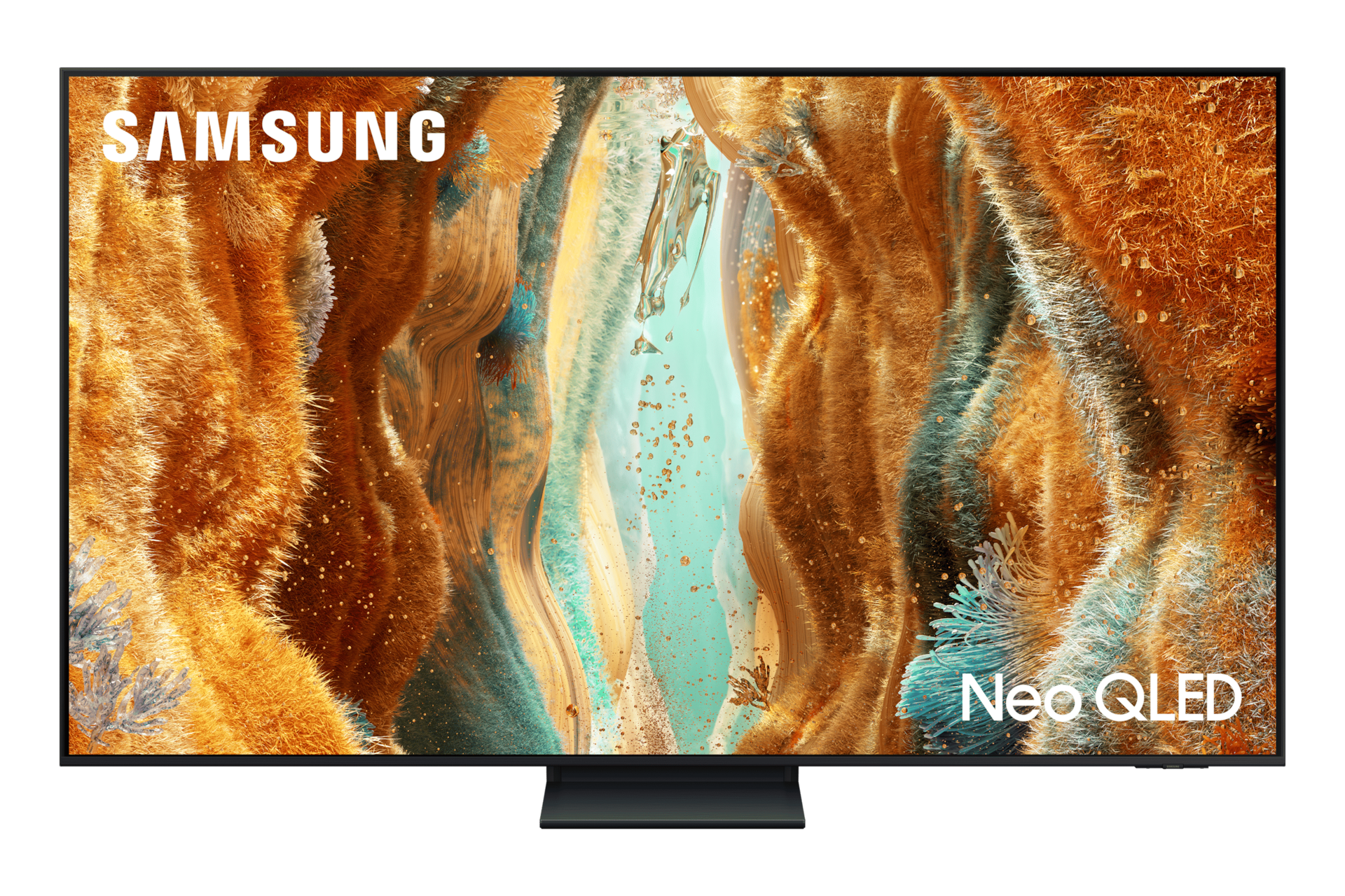Telewizor Samsung Neo QLED z żywą grafiką abstrakcyjną. Odcienie pomarańczu, błękitu.