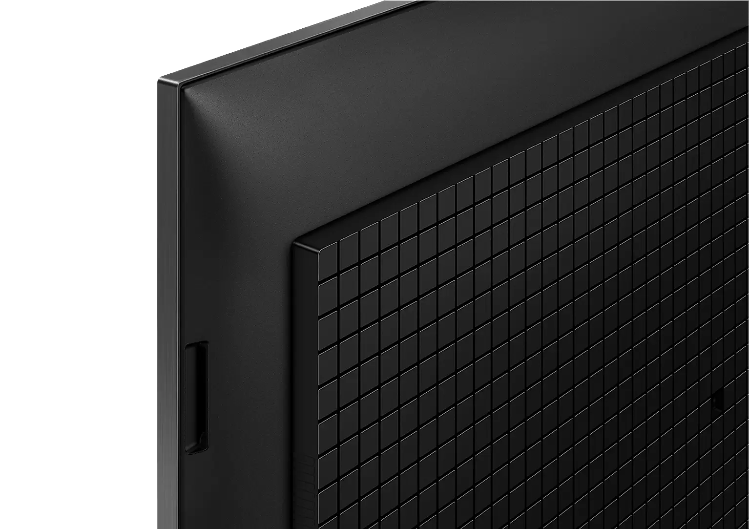 Zbliżenie na czarny tył telewizora z wzorem siatki. Minimalistyczny design.