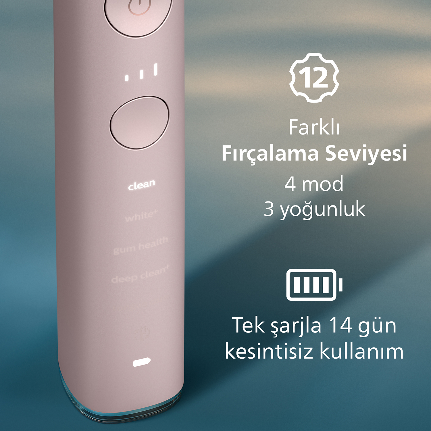 Elektrikli diş fırçası, 12 seviye, 4 mod, 3 yoğunluk. 14 gün pil ömrü.