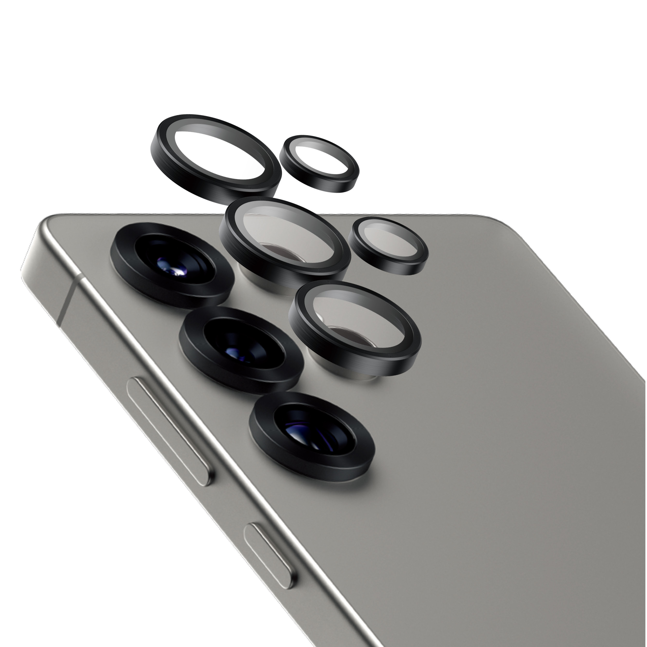 Rückseite eines silbernen Smartphones mit mehreren Kameralinsen, die schweben.