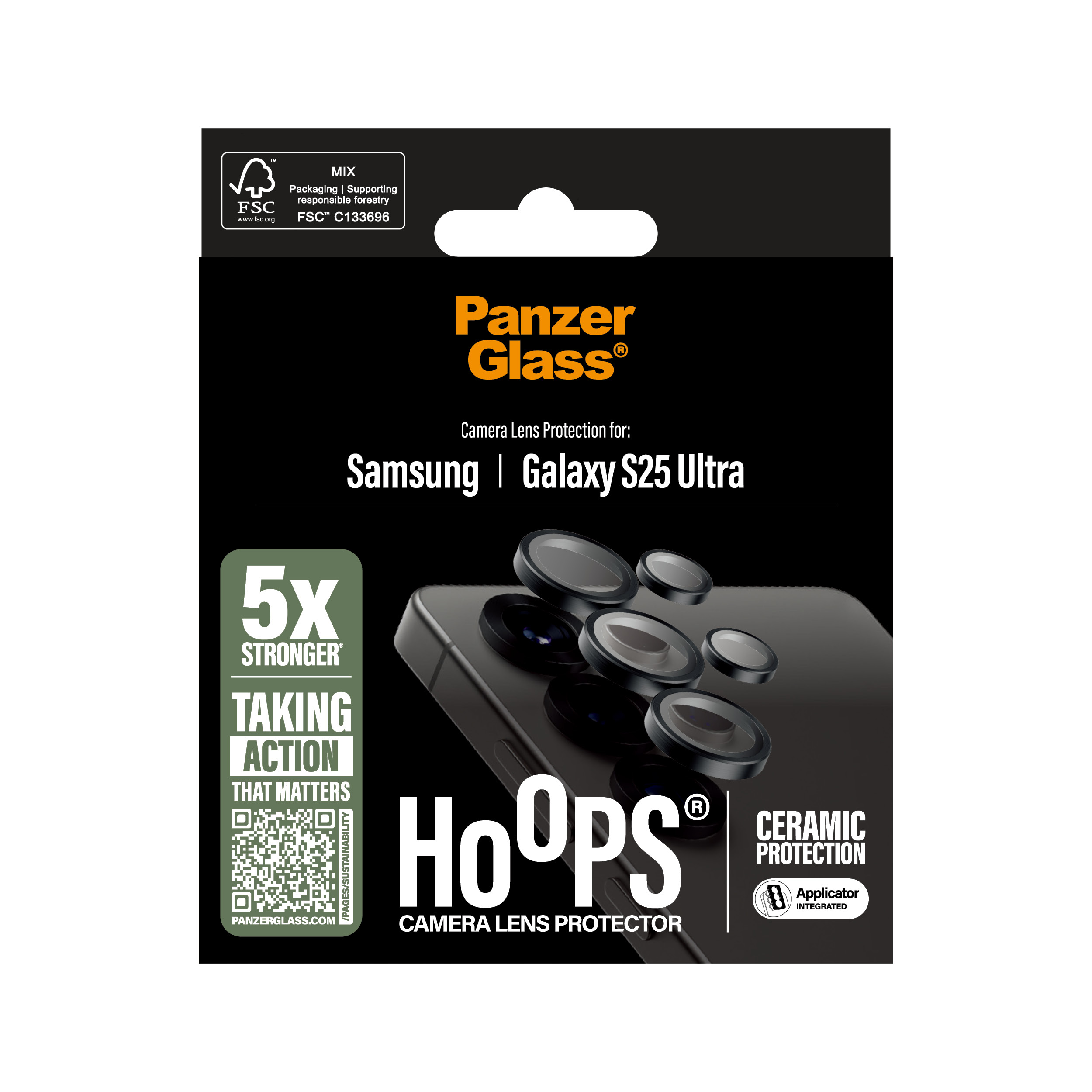 Verpackung für Panzer Glass Hoops Kamerasschutz für Samsung S25 Ultra.