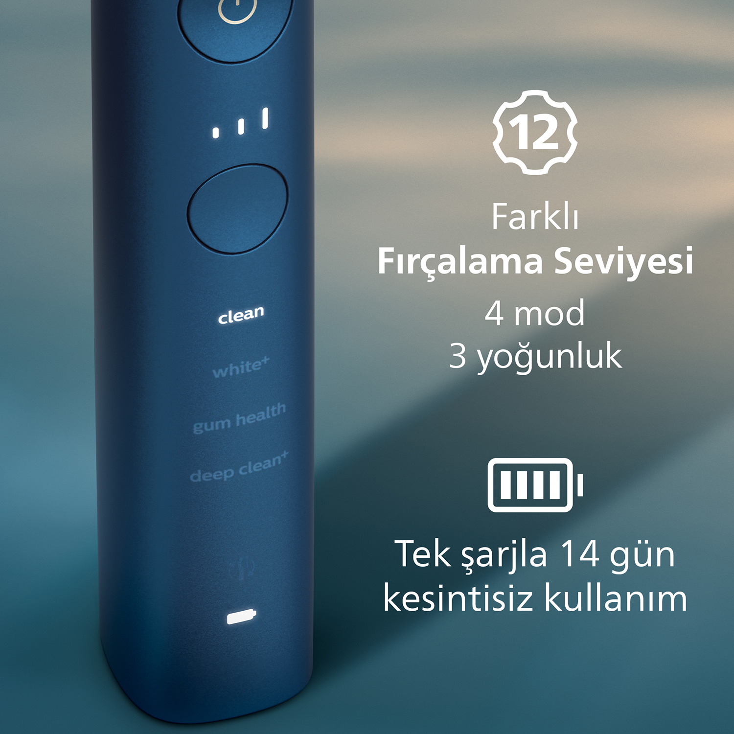 Koyu mavi elektrikli diş fırçası, 12 temizleme modu: Clean, White+, Gum Health, Deep Clean+.