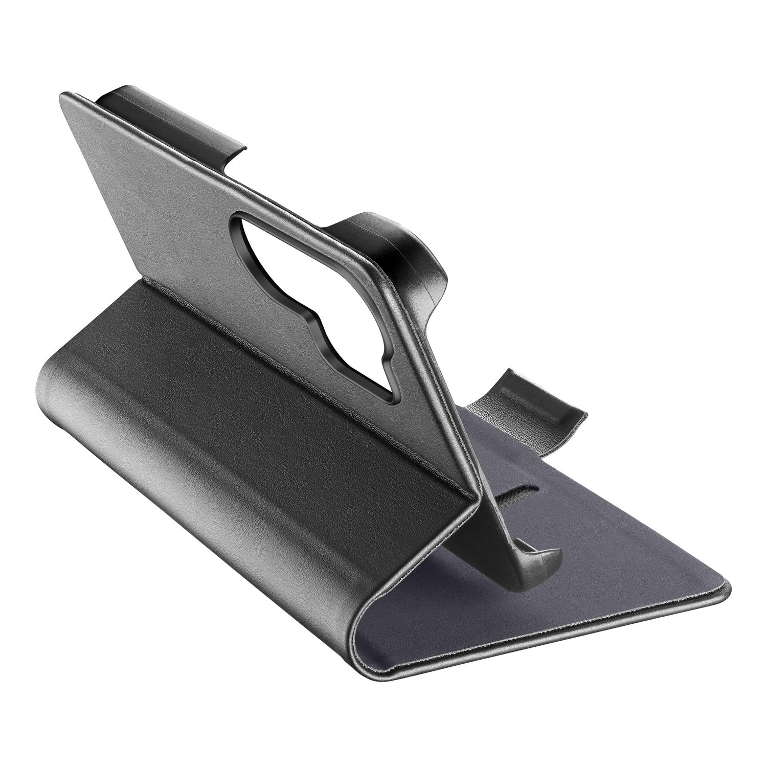 Schwarze Handyhülle in aufgestellter Position, zeigt den Ständer-Mechanismus.