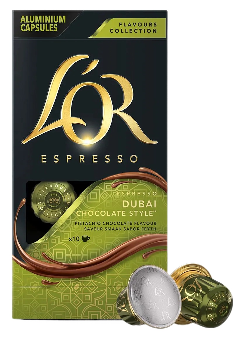 Kapsułki L'OR Espresso Dubai Chocolate Style o smaku pistacjowo-czekoladowym.