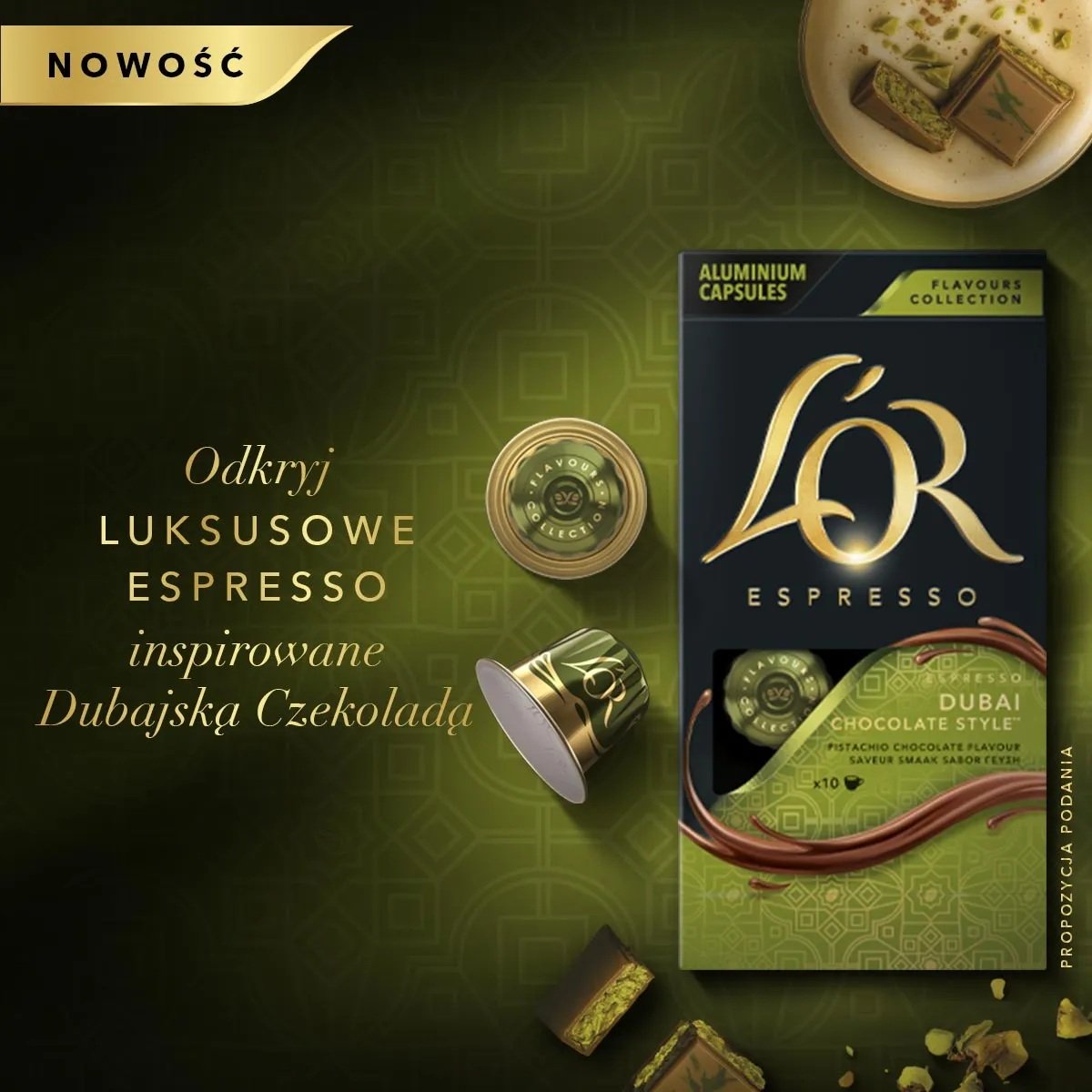 Kapsułki L'OR Espresso, styl czekolady z Dubaju, smak pistacjowo-czekoladowy.