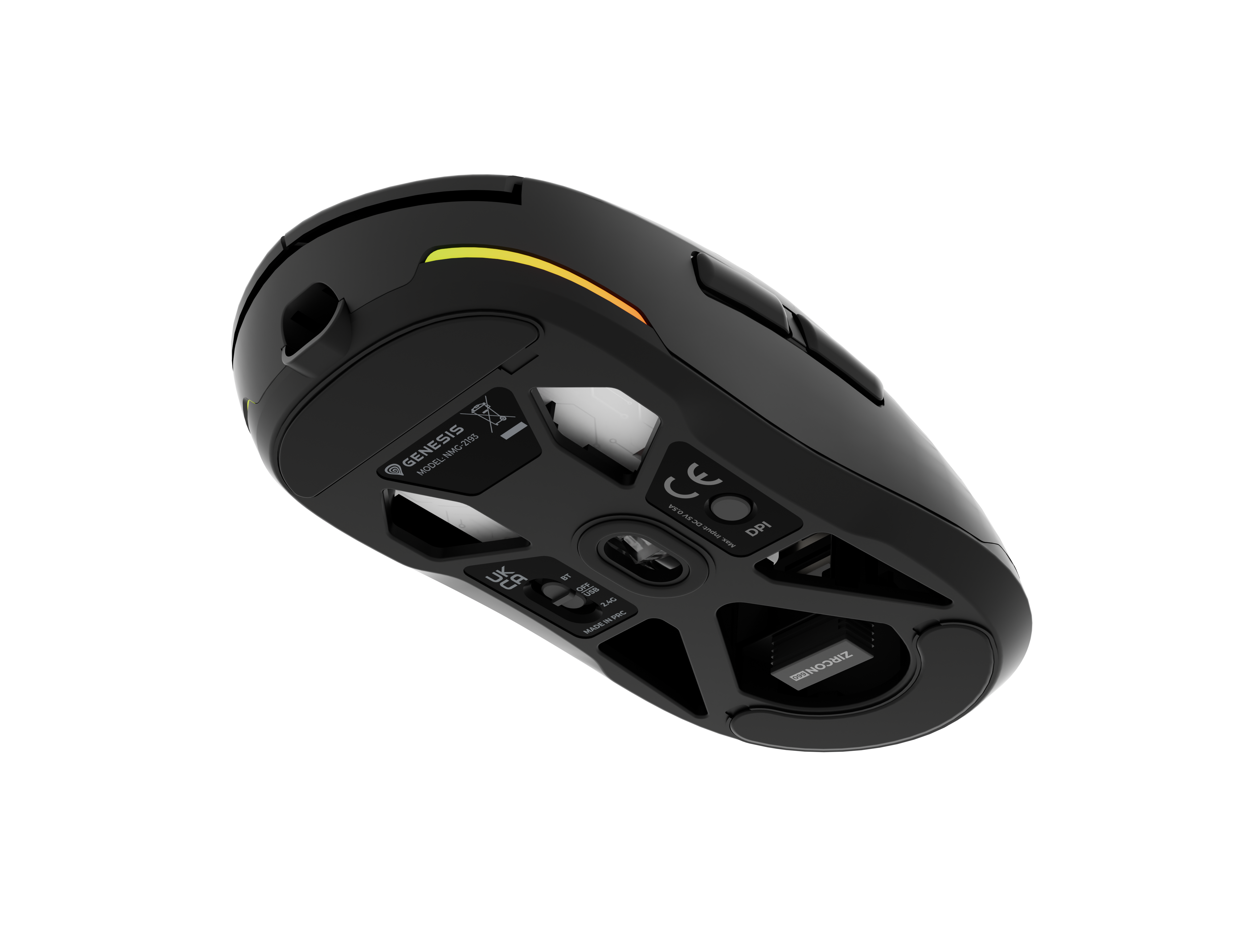 Czarna mysz z podświetleniem RGB, spód zawiera oznaczenia Genesis, model NMG-2193.