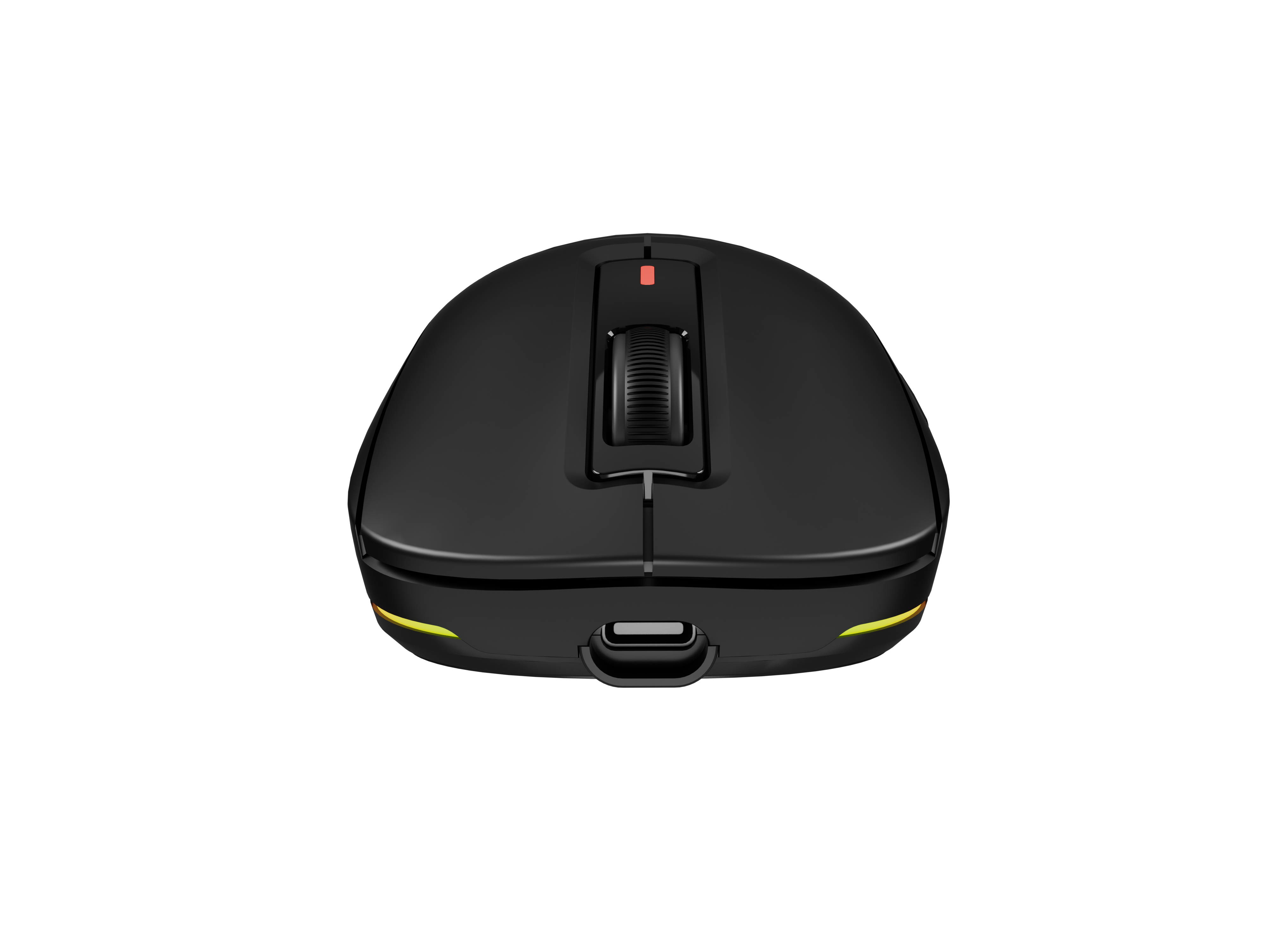 Czarna mysz z kółkiem przewijania, portem USB-C i żółtymi światłami.