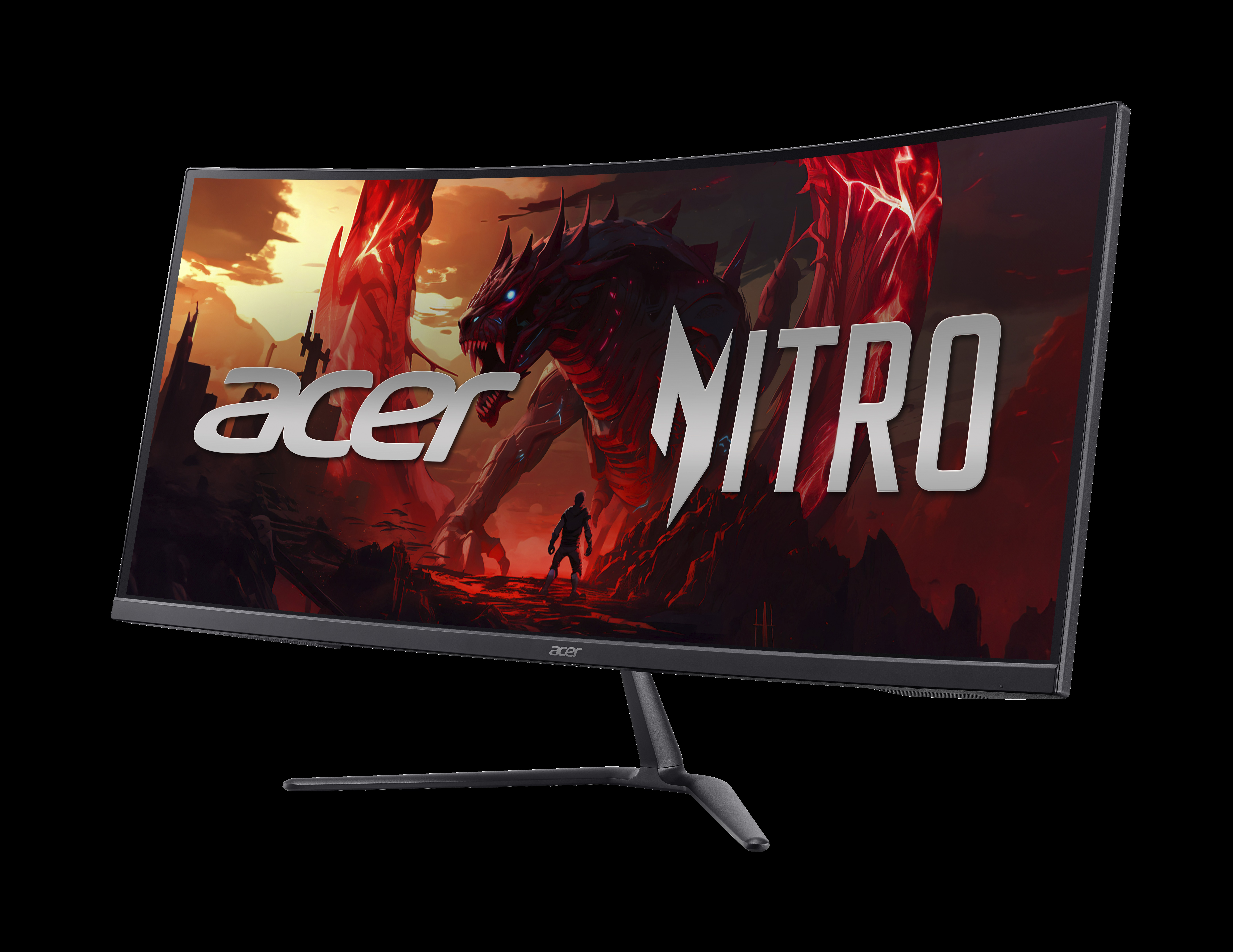 Ein gebogener Monitor zeigt eine Drachenszene mit dem Acer Nitro-Logo.