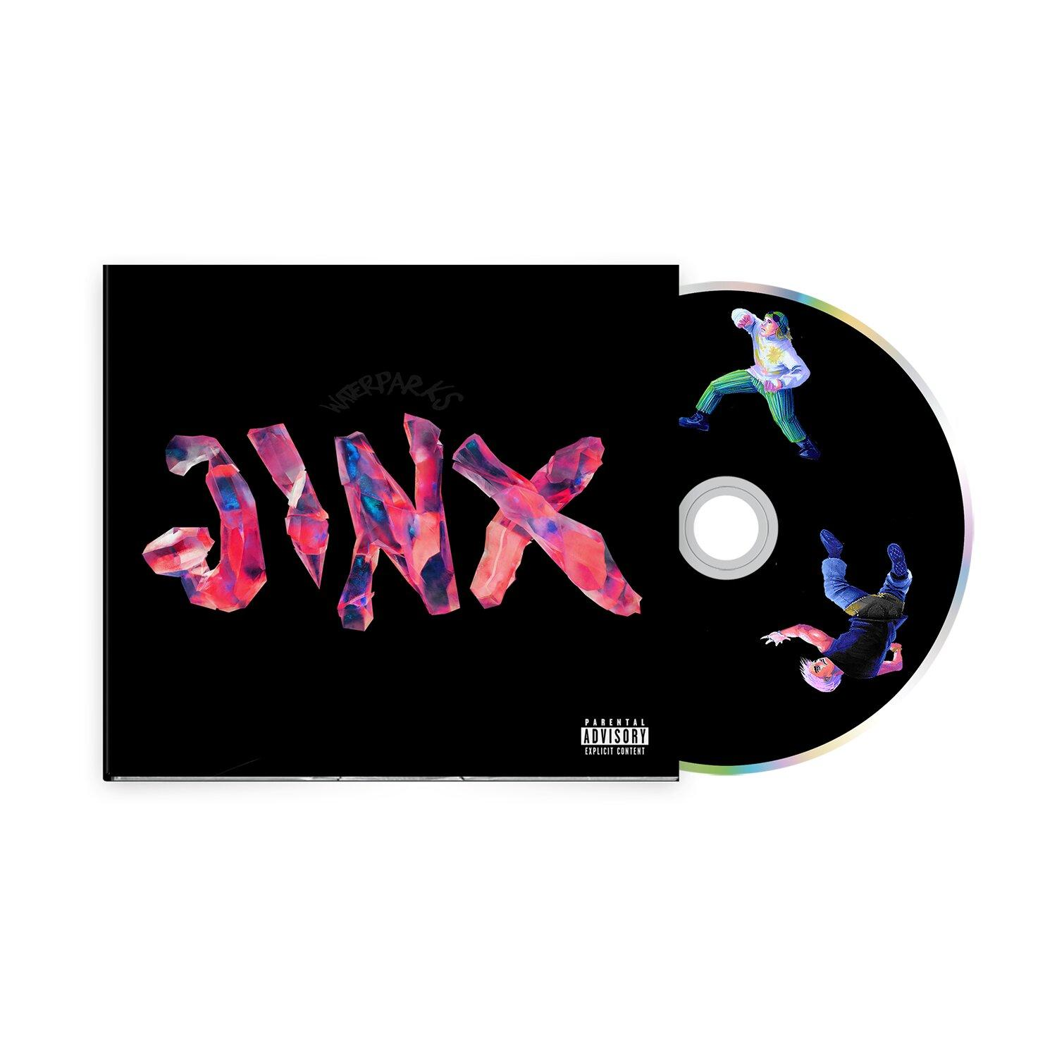 CD-Cover mit dem Titel „JINX“ und dem Bandnamen „WATERPARKS“. Zwei Personen sind abgebildet.