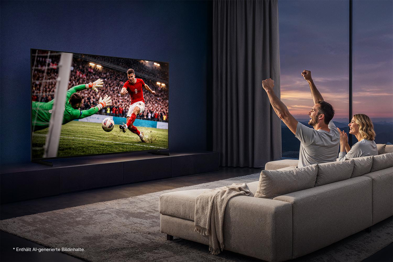 Ein Paar jubelt vor einem Fernseher, der ein Fußballspiel zeigt.