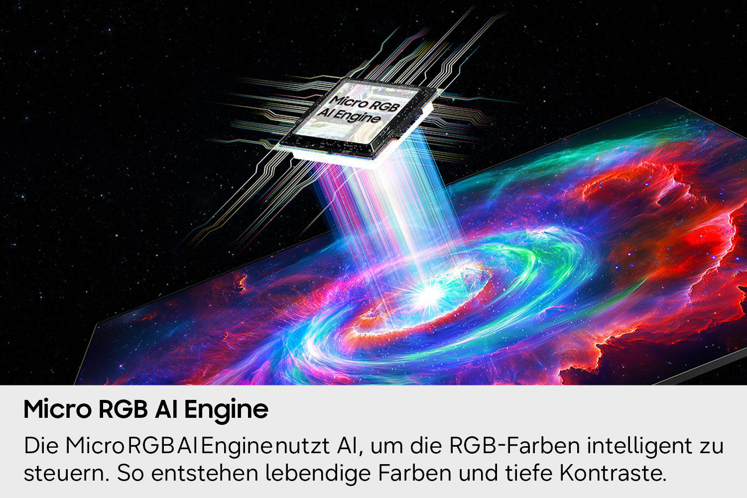 Ein Chip mit "Micro RGB AI Engine" projiziert Licht auf eine bunte Galaxie.