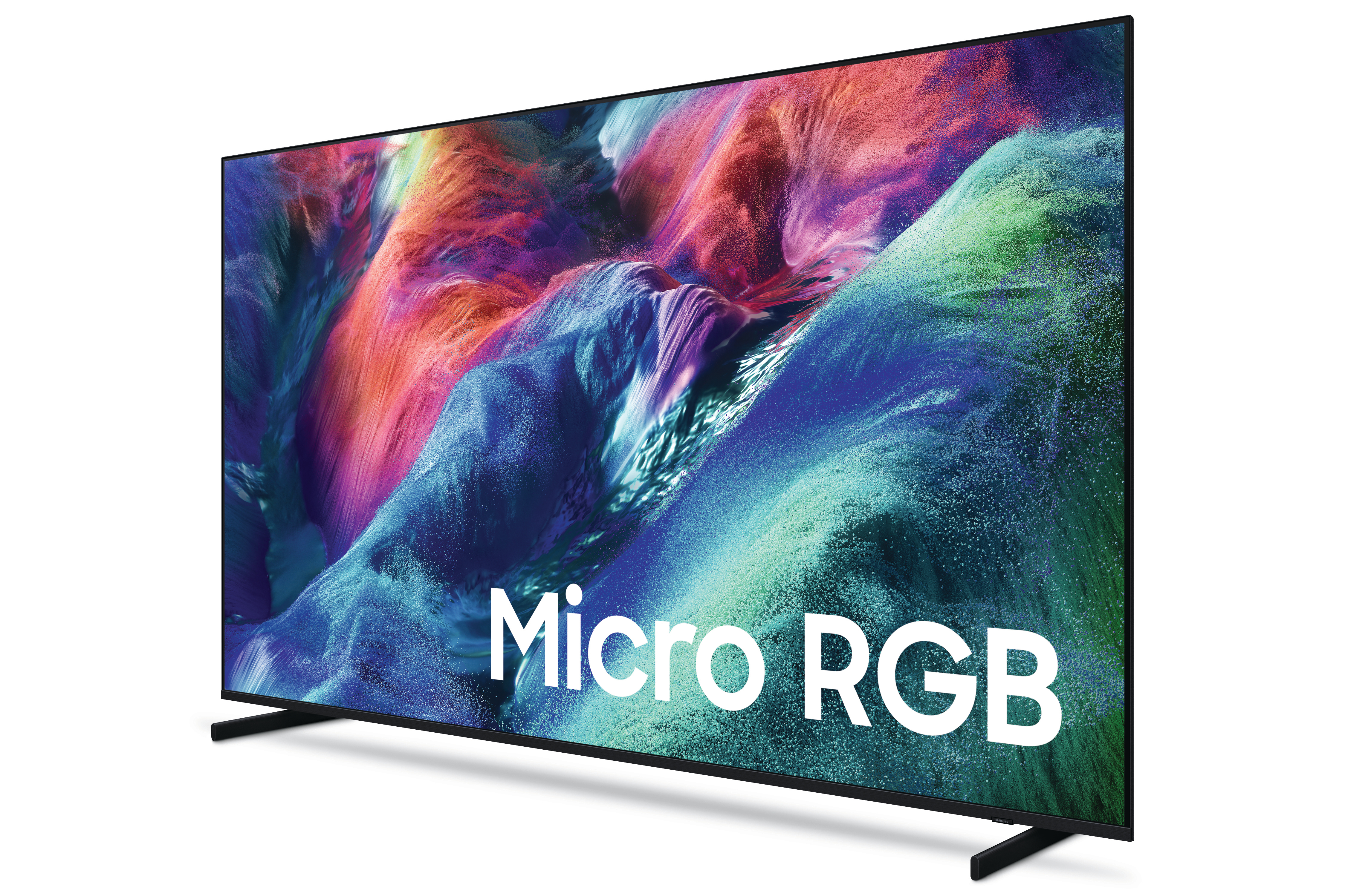 Ein moderner Fernseher mit lebendiger, bunter Bildschirmanzeige und dem Text "Micro RGB".