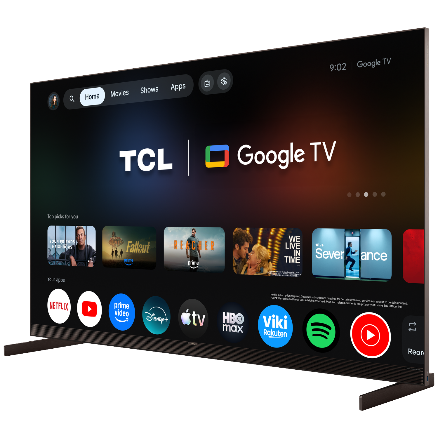 Een moderne tv met Google TV-interface, met apps en filmselecties.