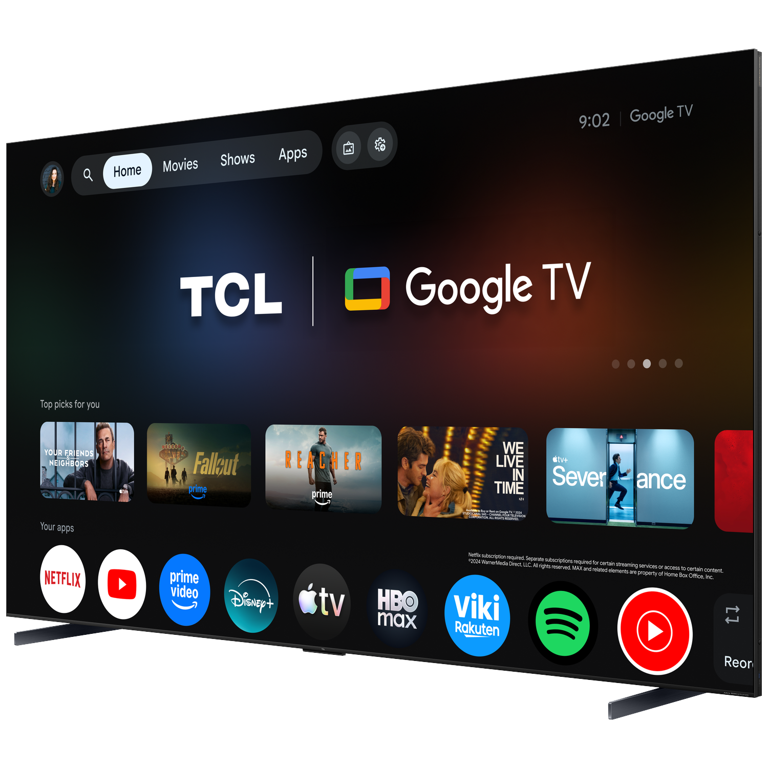 Een moderne TCL Google TV toont apps zoals Netflix, Prime Video en Disney+.