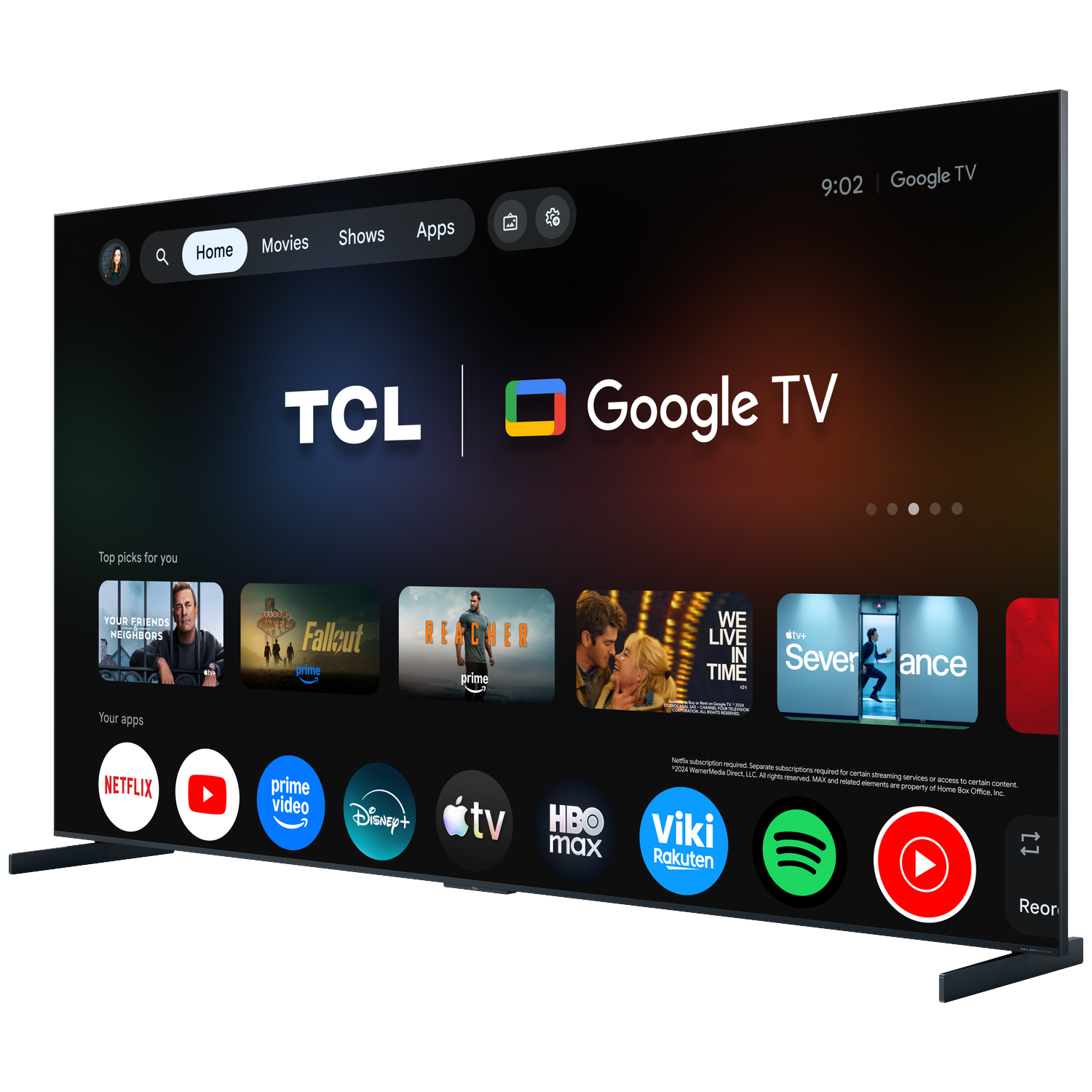 Een TCL Google TV-scherm toont de interface met topkeuzes en apps zoals Netflix en Prime Video.