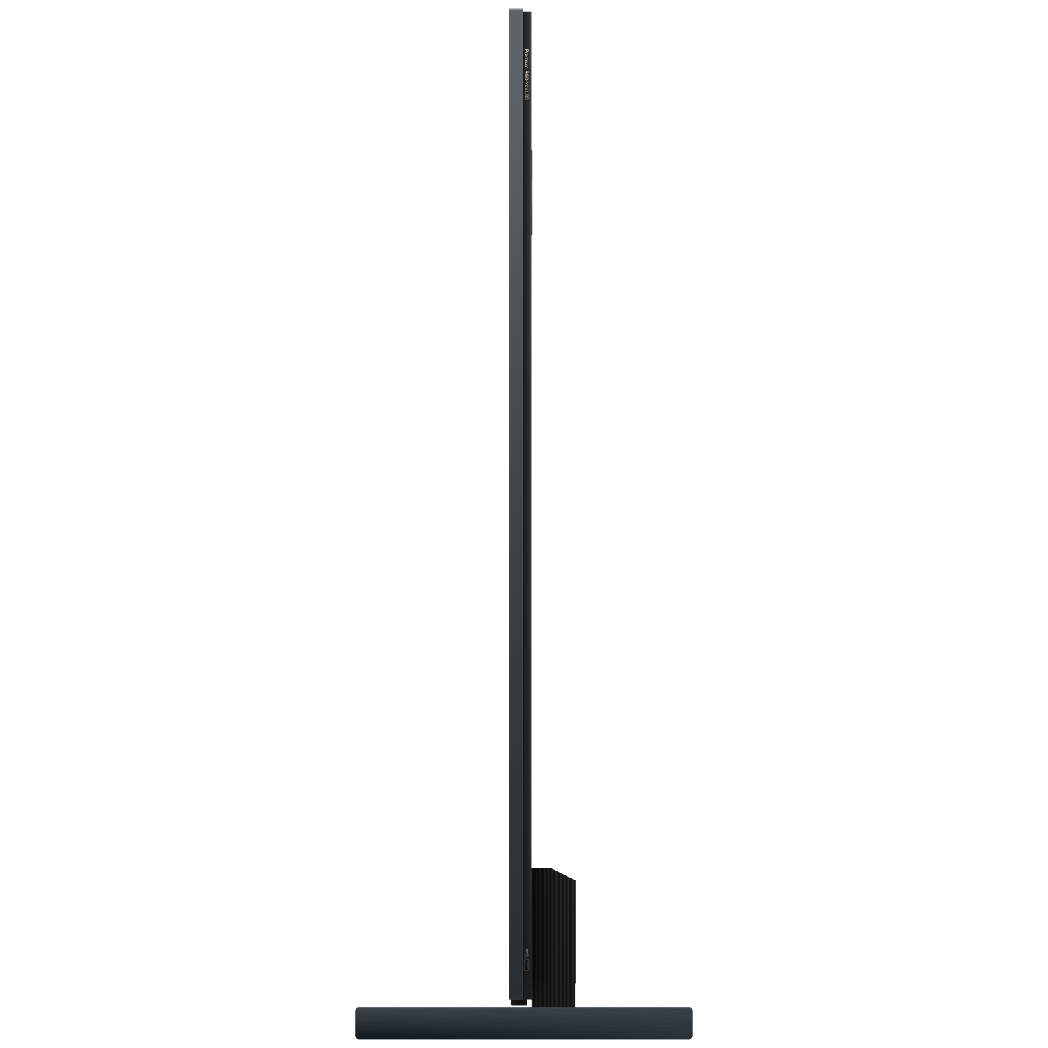 Een slanke, donkere televisie staat op een smalle voet, rechts zijaanzicht.