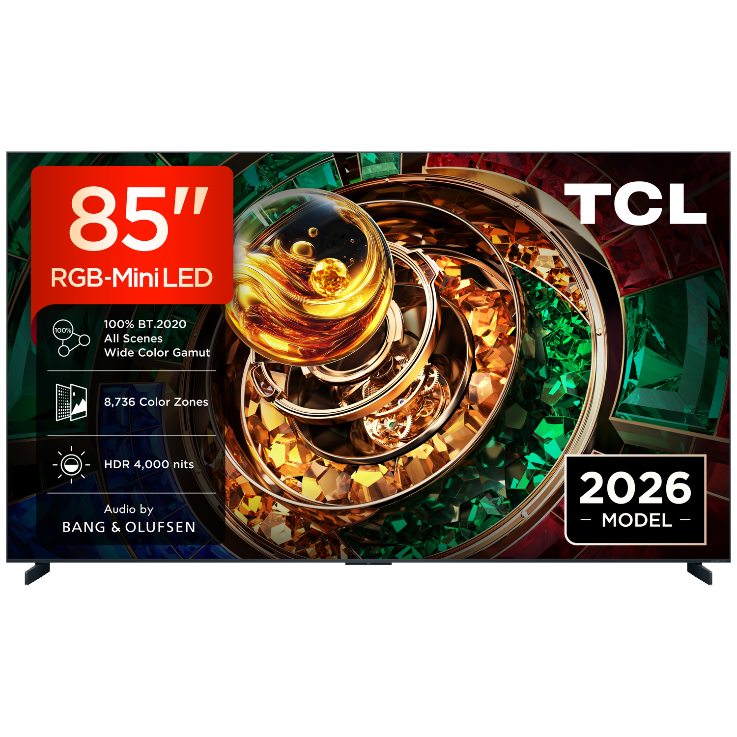 TCL 85" RGB-Mini LED TV met 8.736 kleure zones, HDR 4000 nits, Bang & Olufsen audio.