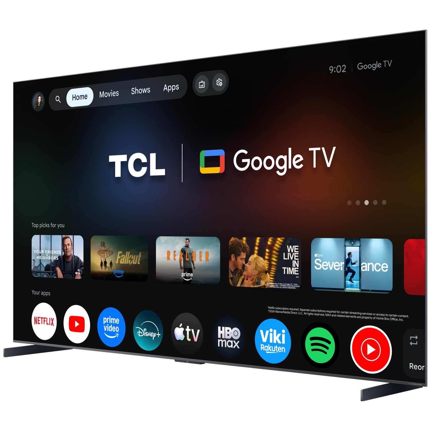 Een TCL Google TV met een startscherm dat apps zoals Netflix en Prime Video toont.