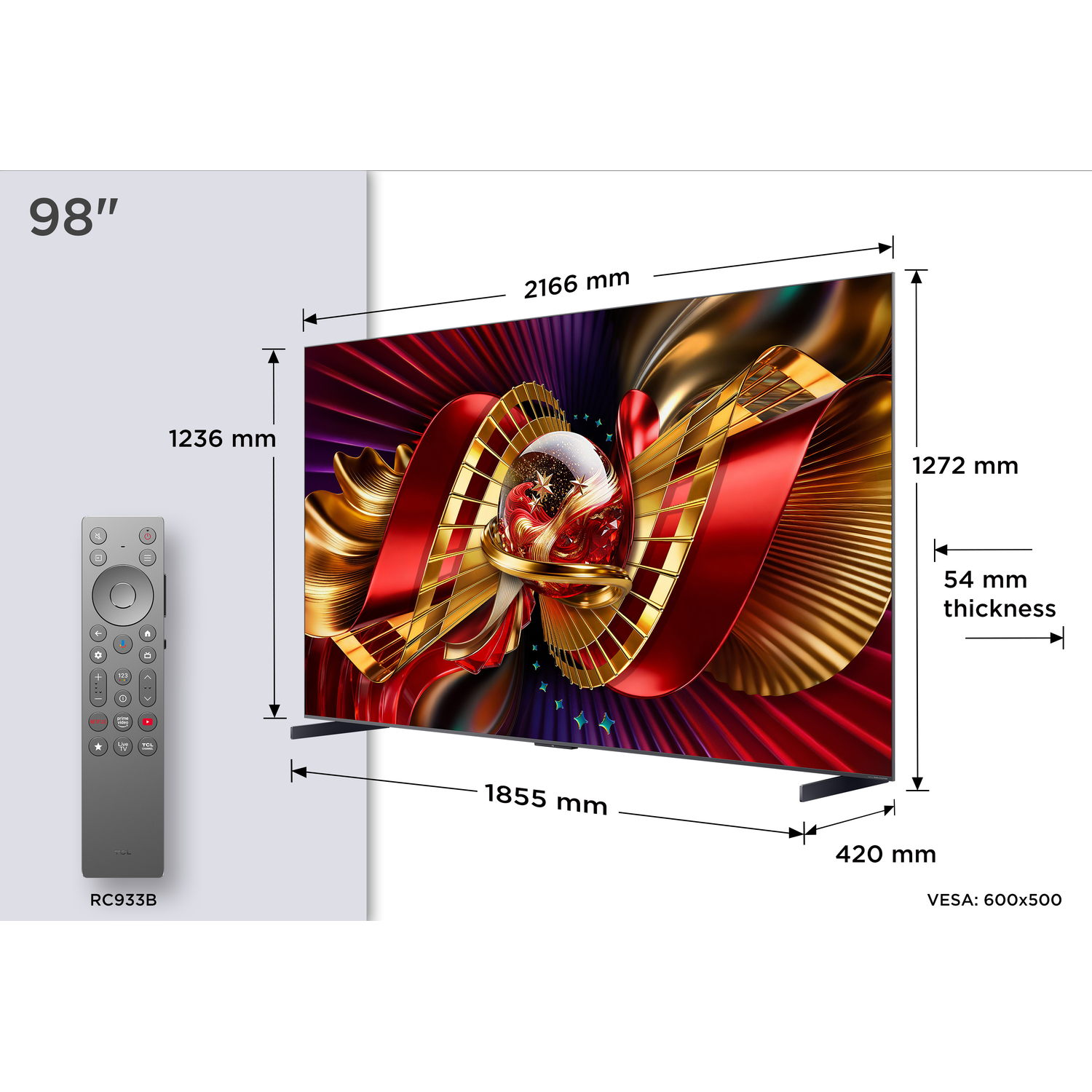 Een grote 98-inch tv met afstandsbediening en afmetingen.