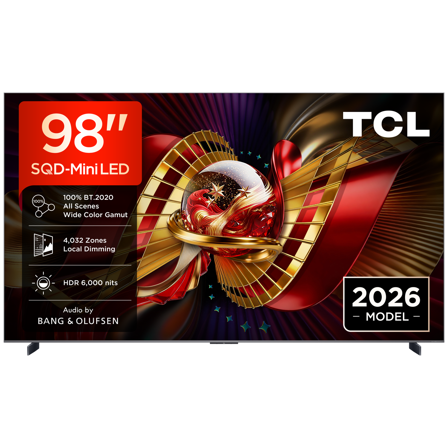 98-inch TCL SQD-Mini-LED TV met 2026 model logo, HDR 6000 nits, Bang & Olufsen audio.