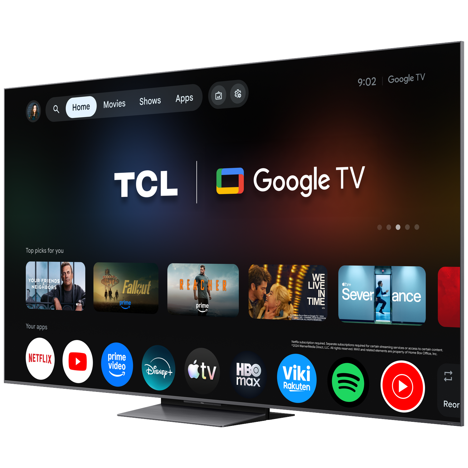 TCL Google TV-interface met apps zoals Netflix, Prime Video, Disney+, Apple TV+ en HBO Max.