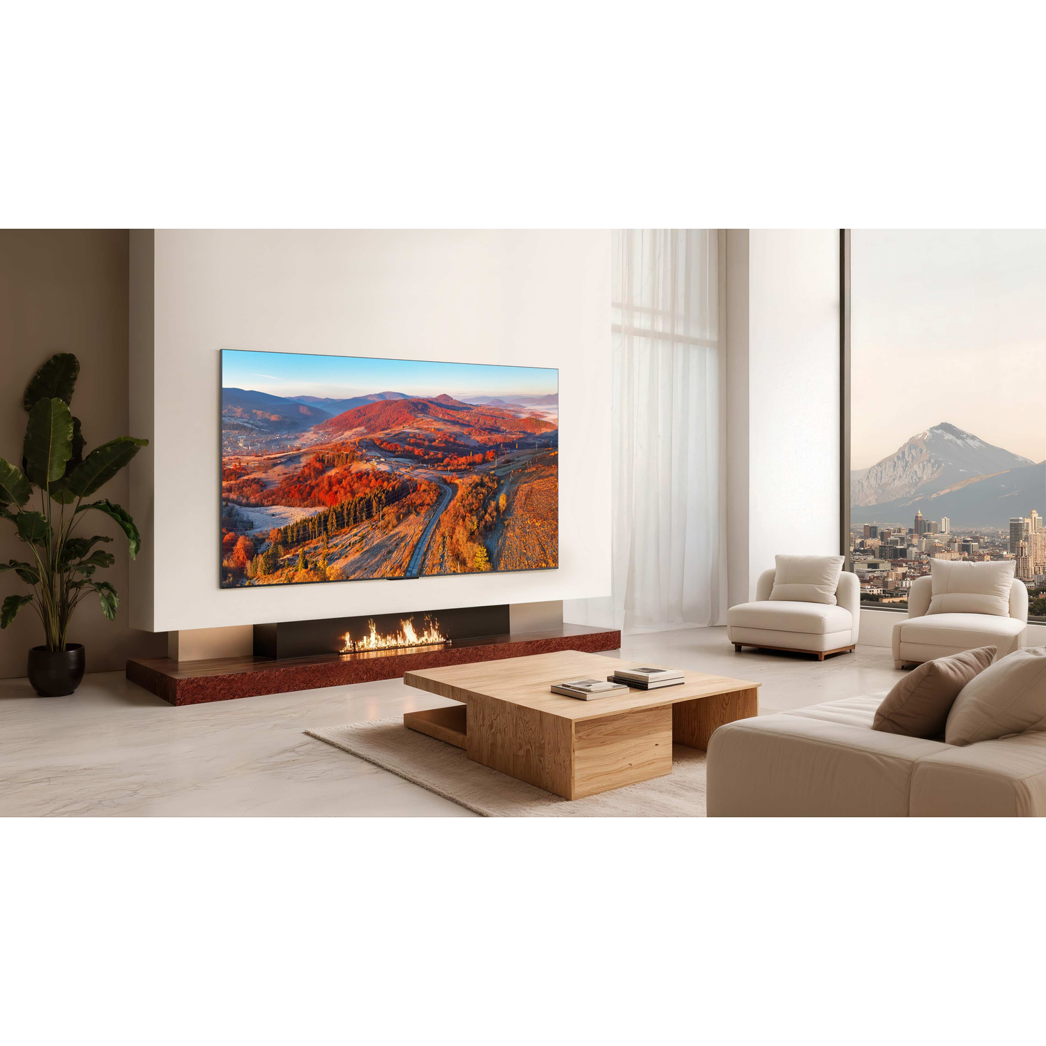 Woonkamer met grote tv die herfstlandschap toont, open haard, bank.