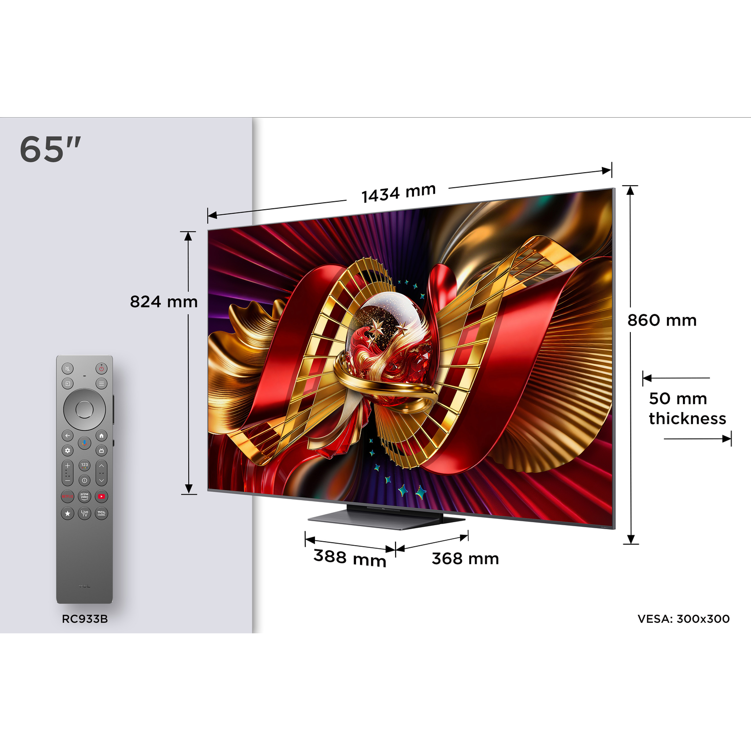 Een 65-inch tv met afmetingen 1434x860x50mm en afstandsbediening. VESA 300x300.