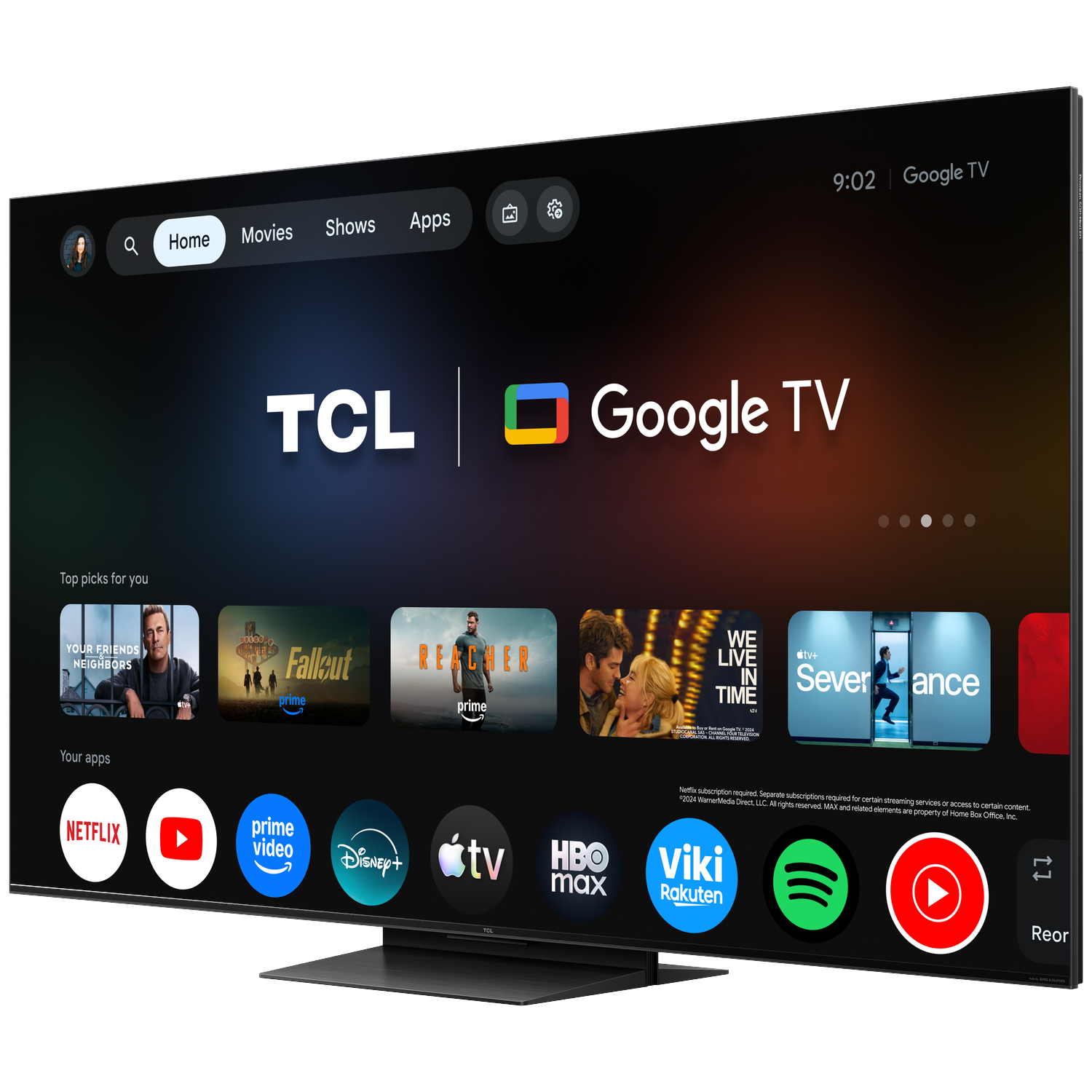 TCL Google TV startscherm met apps zoals Netflix, Prime Video, Disney+ en topfilms.