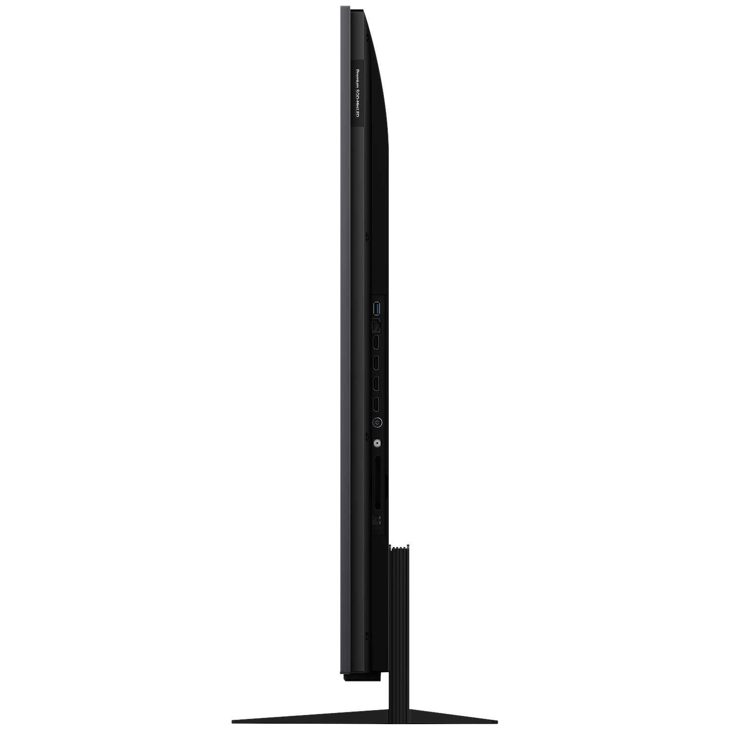 Zijaanzicht van een slanke zwarte televisie met poorten en een standaard.