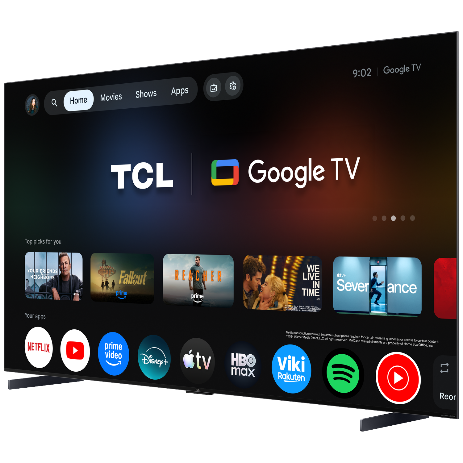 TCL Google TV startscherm met apps zoals Netflix, Prime Video, Disney+ en Spotify.
