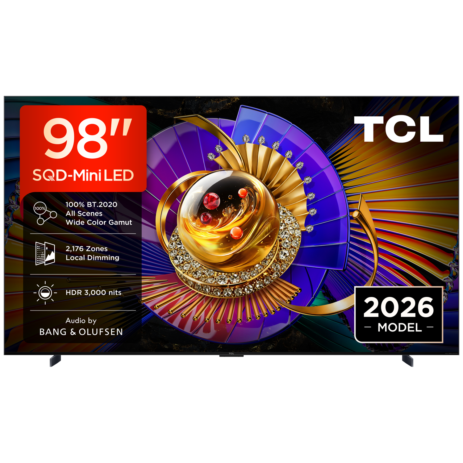 98-inch TCL SQD-Mini LED TV met 2.176 zones, 3.000 nits HDR en Bang & Olufsen audio.