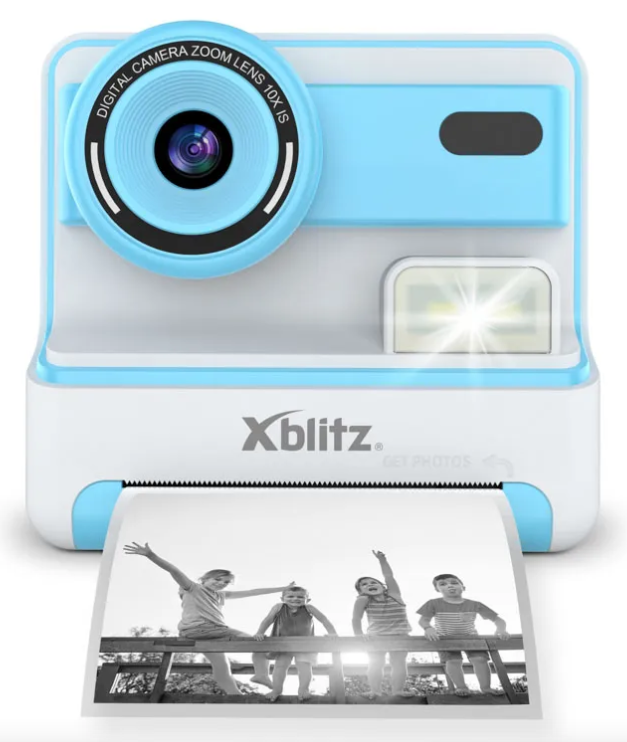 Jasnoniebiesko-biała drukarka ze zdjęciem czworga dzieci siedzących na ławce.