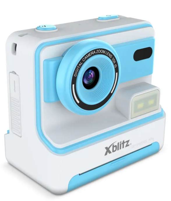 Biało-niebieski aparat dziecięcy z niebieskim obiektywem i lampą.