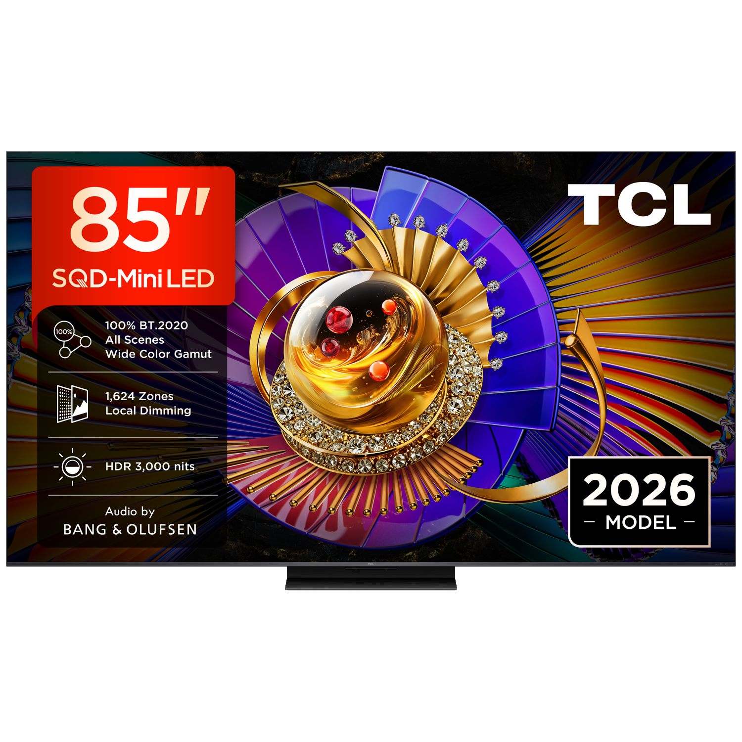 TCL 85" SQD-Mini LED TV met 100% BT.2020, 1624 zones, HDR, Bang & Olufsen audio.