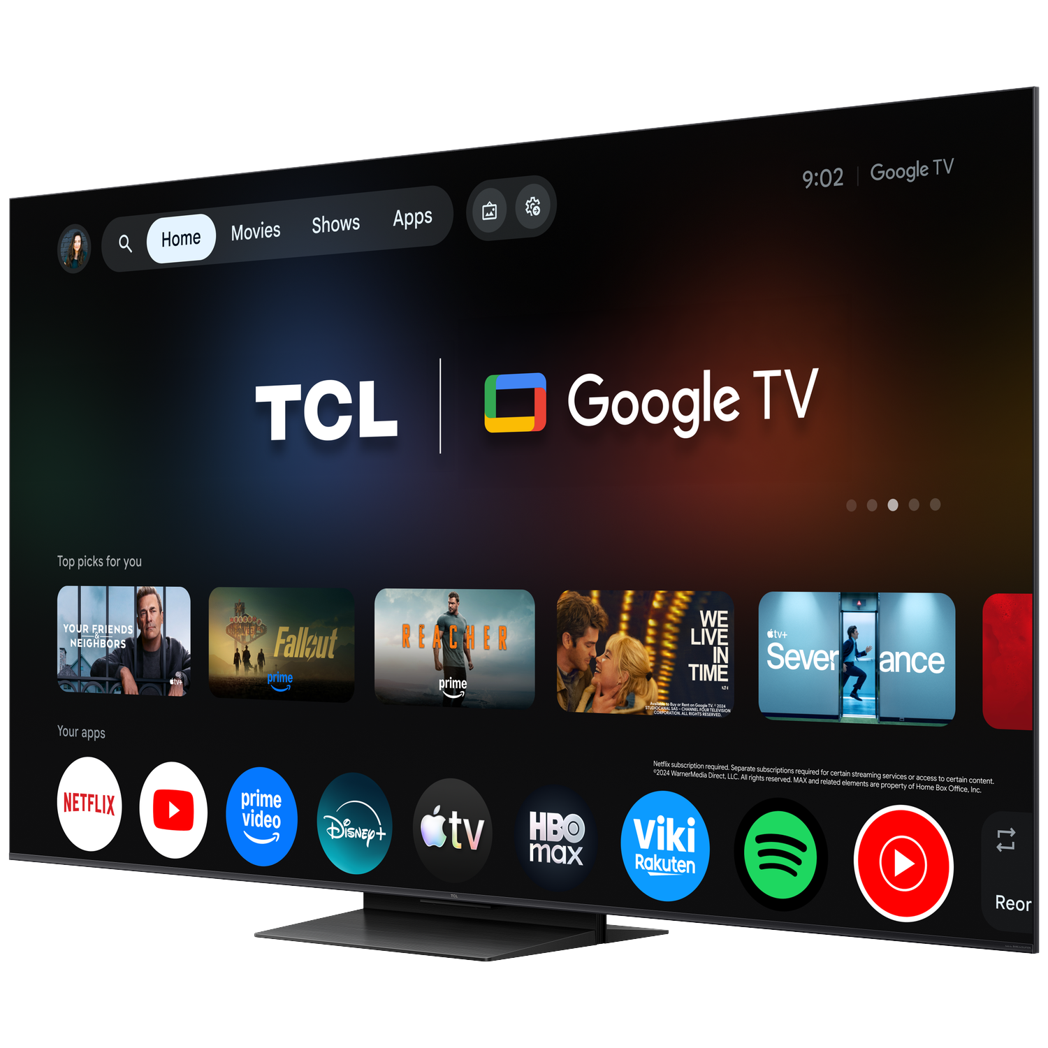 Een TCL Google TV toont apps zoals Netflix, YouTube, Prime Video en Disney+.