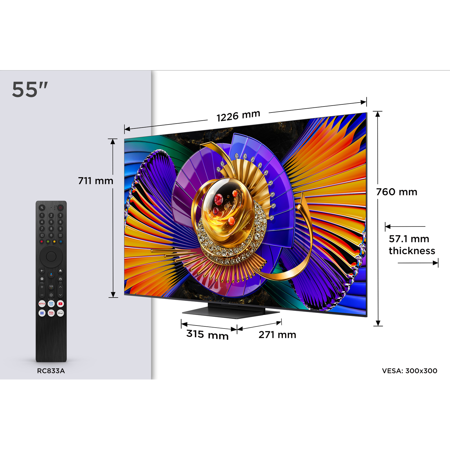 55-inch TV met afstandsbediening, afmetingen 1226x760mm.